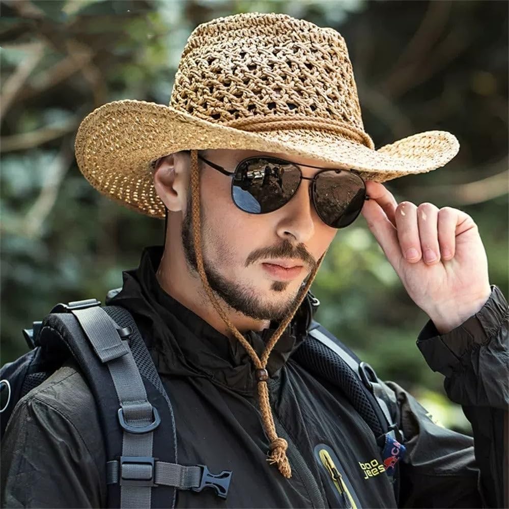 Cappello di Paglia da Uomo Cappello da Cowboy Estivo in Paglia da Uomo, Escursione da Uomo, Escursionismo, Cappello da Sole a Tesa Larga, Cappello da Pesca da Uomo