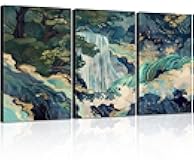 3Pcs Framed Japanese Canvas Wall art Painting Large Waterfall Scenery Poster Print Wrap Canvas Artwork Nature Scenery Abstract Blue Waterfall Zen Art Print Living Room Bedroom Office Decor 12x16 Inch