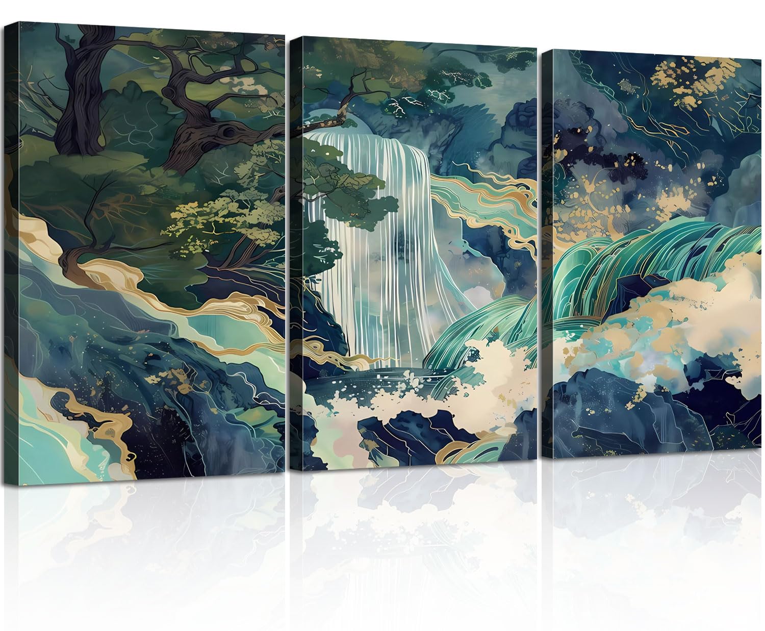 3pcs framed japanese canvas wall art painting large waterfall scenery poster print wrap canvas artwork nature scenery abstract blue waterfall zen art print living room bedroom office decor 16x24 inch