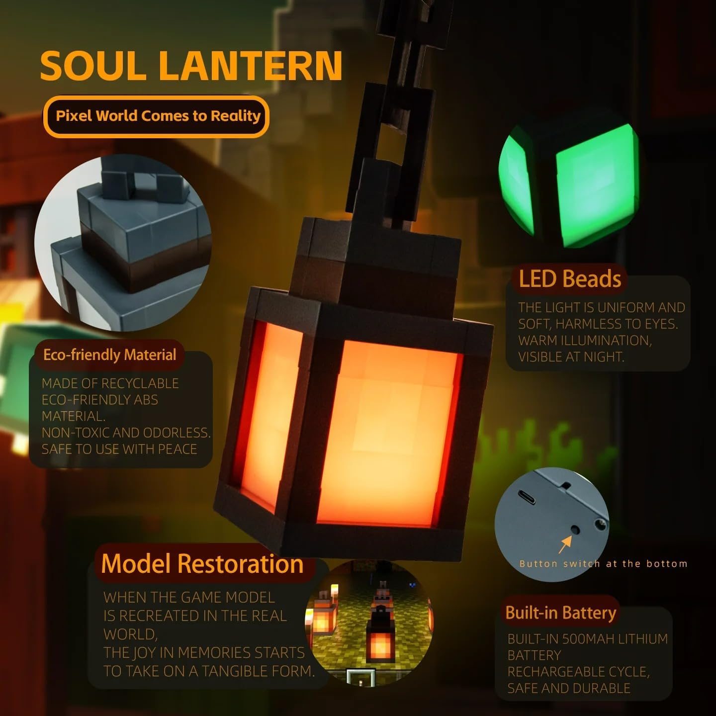 Condition photo showing Good Condition for Lantern Wall Led Light Night Decor for Boys Bedroom, 16 Color Changing Pixel Mood Lights, Portable Rechargeable Night Lamp, USB Charging, Soft Lighting for Kids & Game Rooms