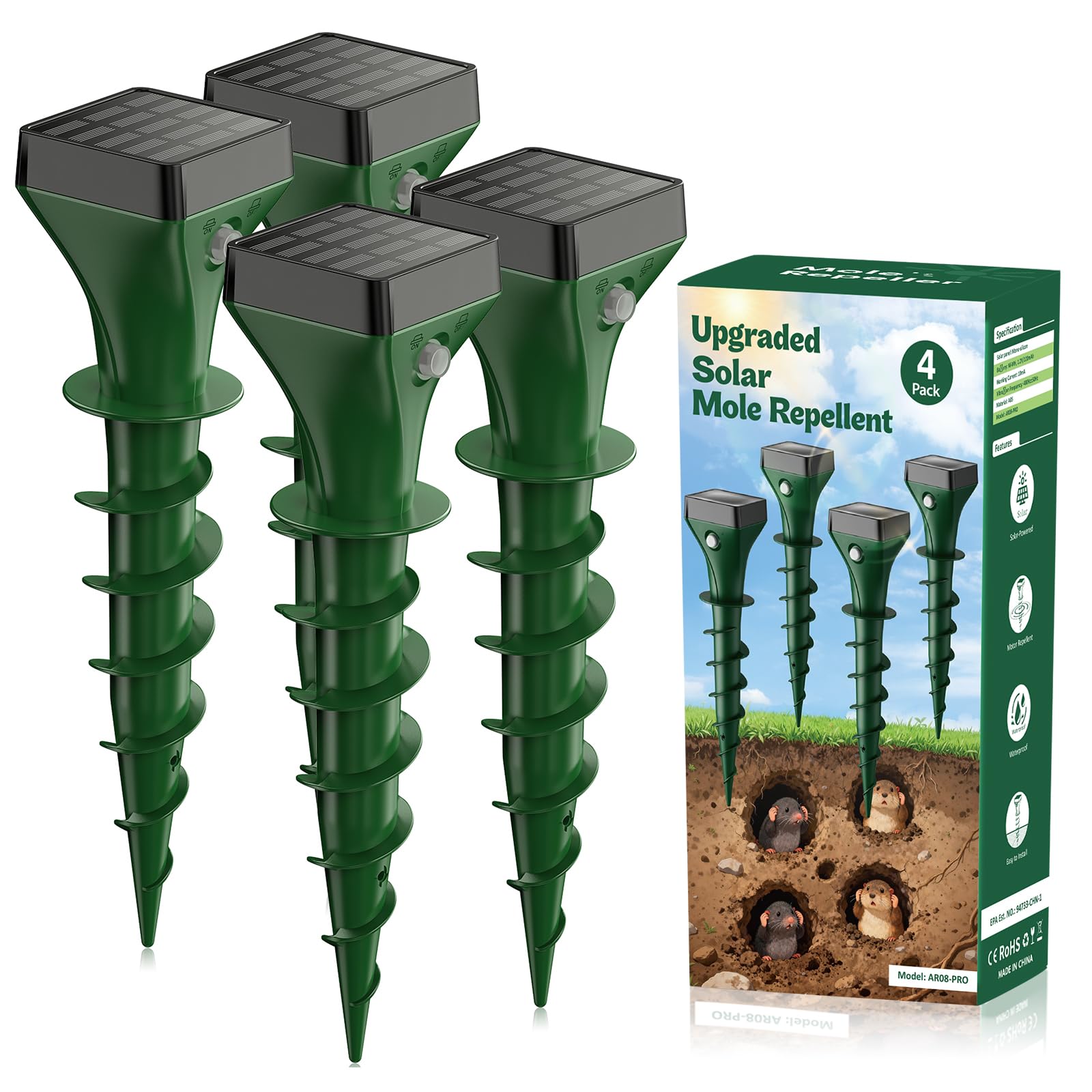 Ahuyentador solar de roedores (4 unidades, para ahuyentar topos y ardillas de tierra, ratones de jardín, resistente al agua IP65), color verde