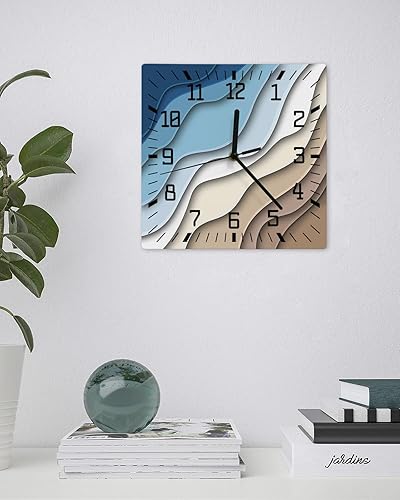 Miniatura 2 de Reloj de pared azul y marrón, moderno, geométrico, funciona con pilas, reloj de pared silencioso de madera sin tictac de 12 pulgadas, color azul