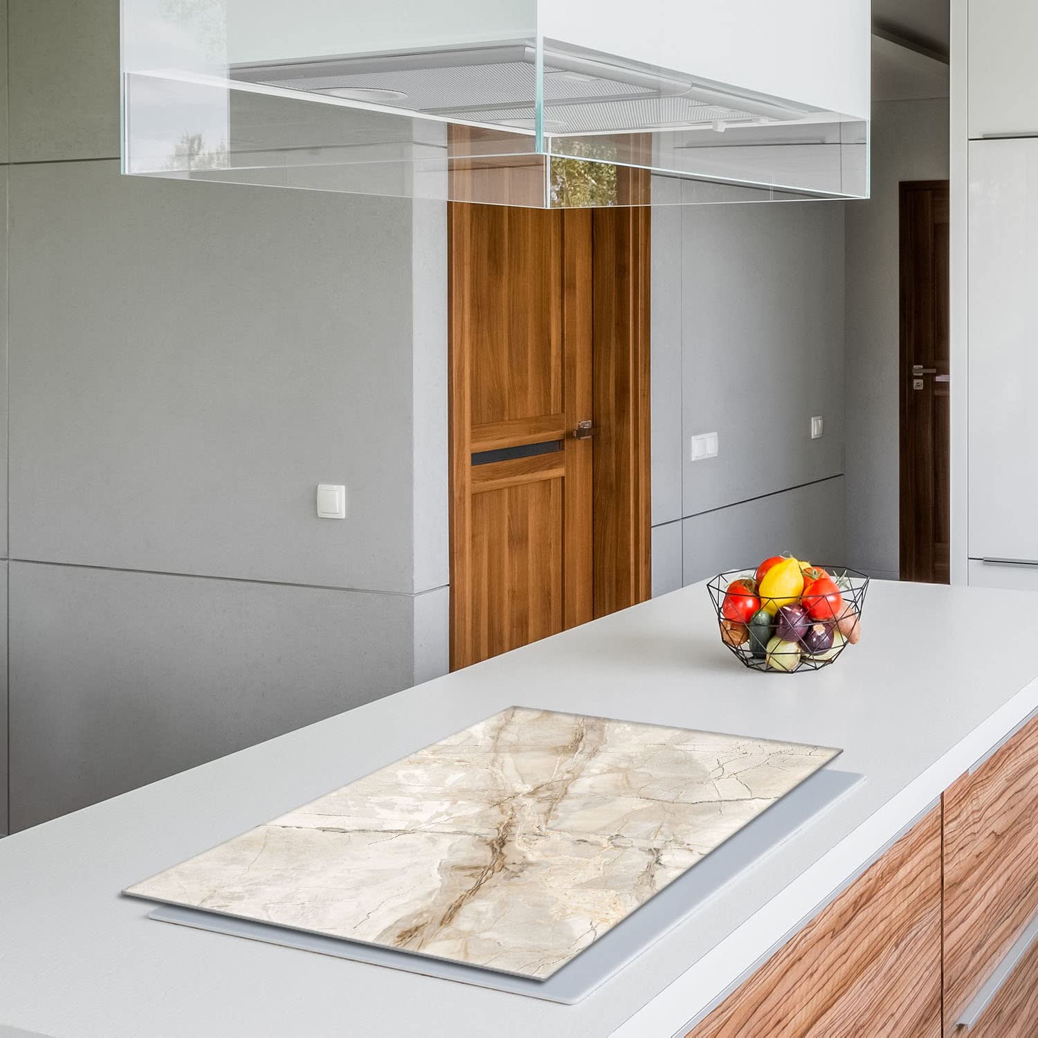 Herdabdeckplatte 80x52 cm 1-teilig Ceranfeldabdeckung Induktion Herdschutz Spritzschutz Glasplatte Deko Schneidebrett, Gehärtetes Glas, Marmor Beige