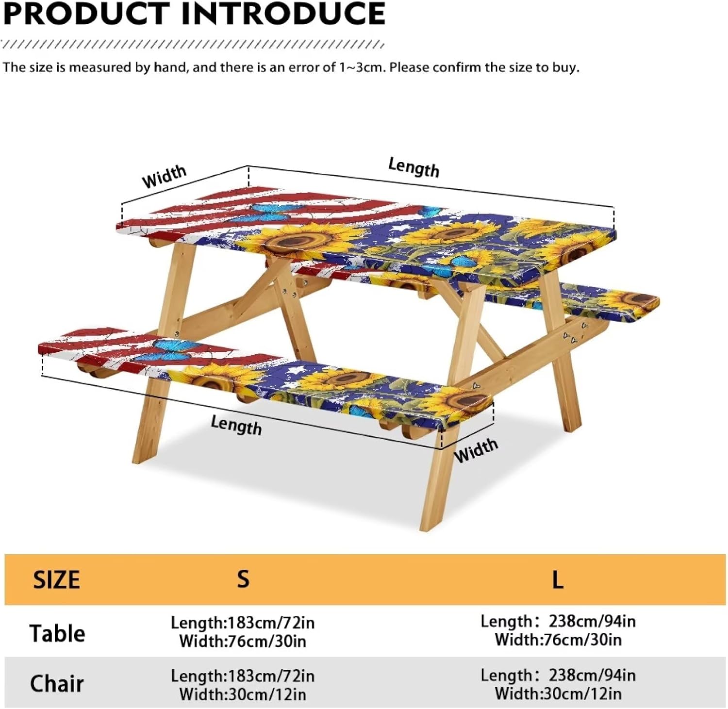 Sunflower Picnic Tablecloth Set USA Flag Camping Tablecloth for Picnic Table Patriotic Cover Waterproof Windproof Camping RV Gear Must Have 72x30 Inches 3 Pcs Set for 4Th of July