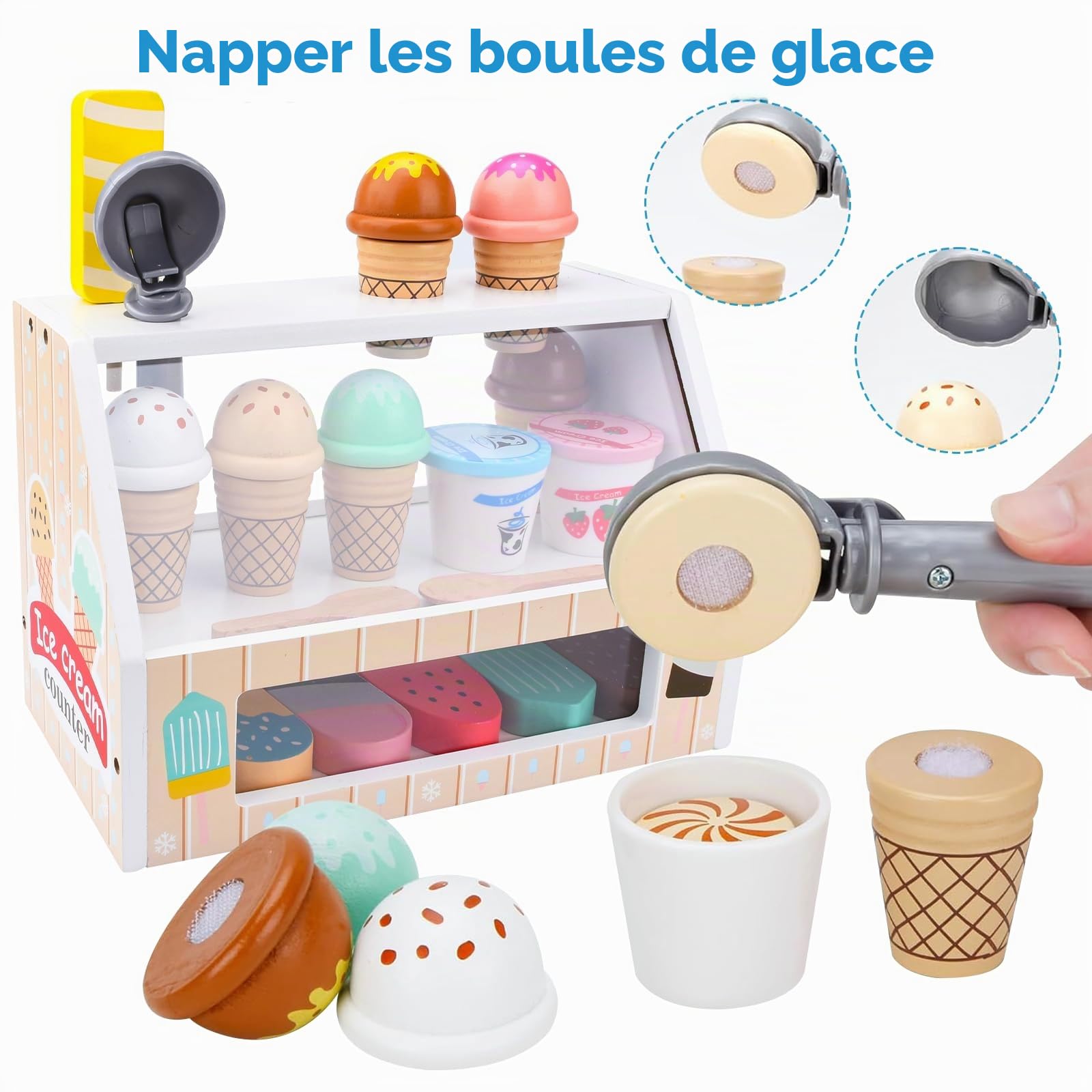 Glacier en Bois pour Enfant,Glacier Jeu Accessoires de Cuisine,Jouets de Crème Glacée en Bois pour Enfant,Marchande en Bois Jeu Éducatif Cadeaux pour Fille 3 4 5 6 Ans