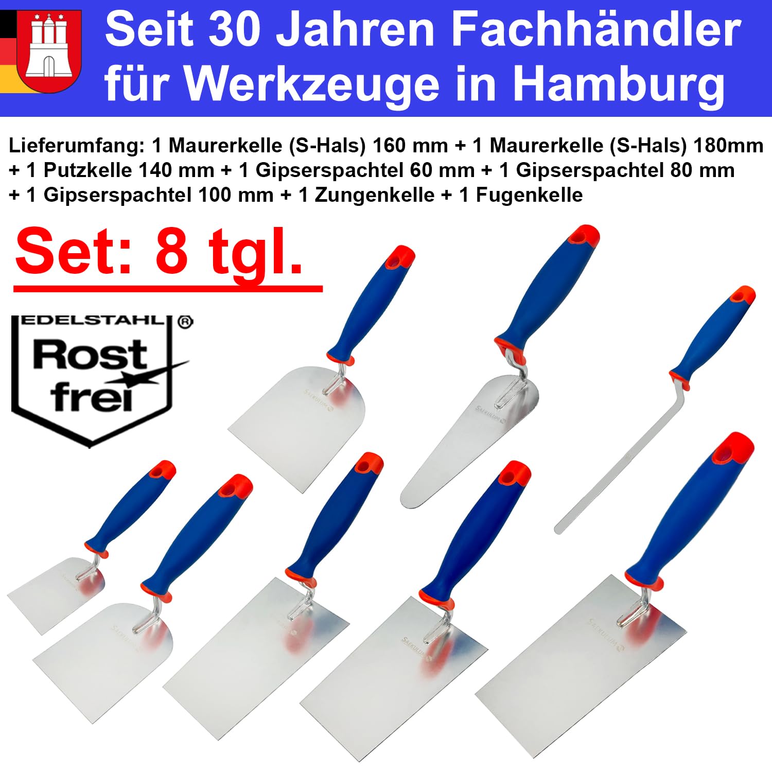 Kellen Set 8-tlg: Maurerkelle S-Hals (160mm und 180mm) + Gipserspachtel (60mm + 80mm + 100mm) + Putzkelle + Zungenkelle + Fugenkelle, Rostfreiem Edelstahl Kellen Gipserkellen Maurerwerkzeuge