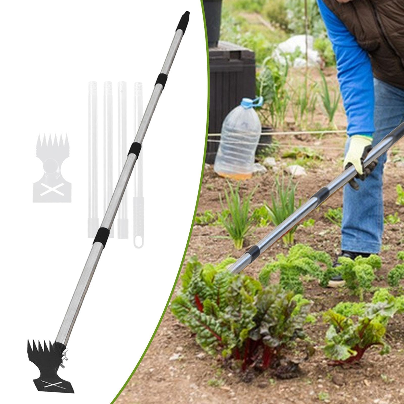 Unkrautstecher Gartenhacke mit langem Stiel, 2-in-1-Handrechen und Unkrautentferner für Landwirtschaft, Garten, Rasen und Einfahrt, 4-teiliger Griff