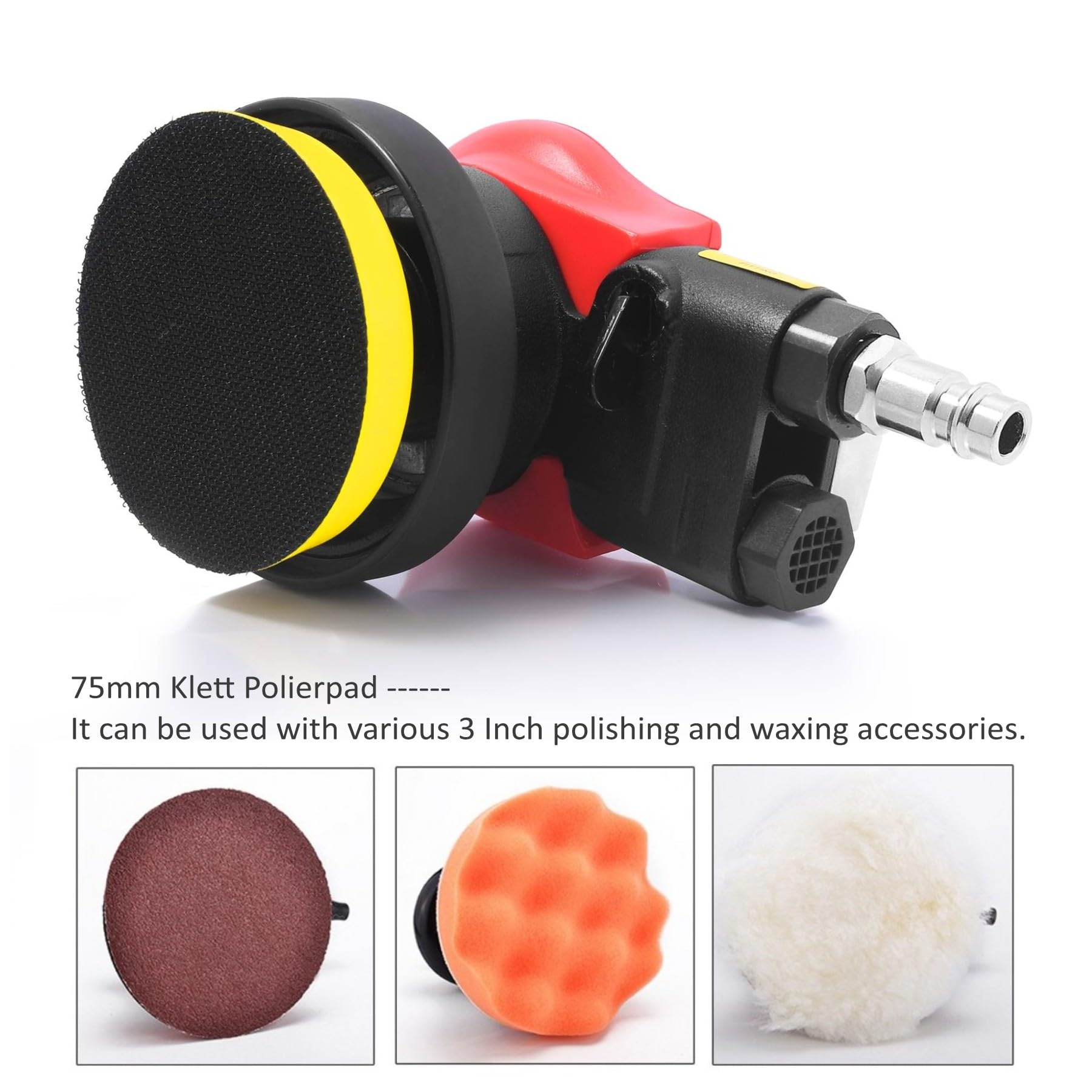 Levigatrice orbitale ad aria compressa 75 mm (3"), 10000 giri/min, mini smerigliatrice ad aria compressa professionale, levigatrice per auto, mobili, legno (rosso)