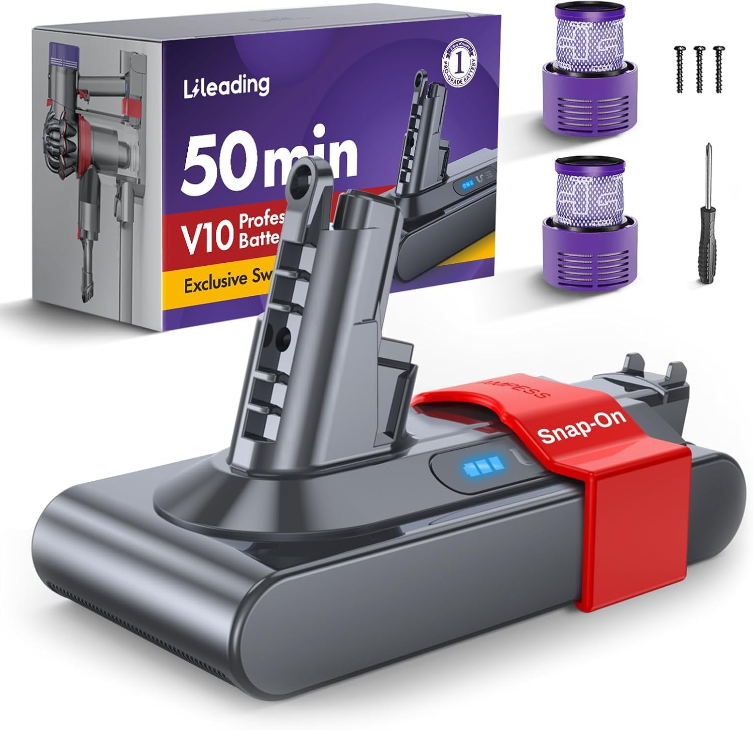 Exclusive Swapple 50 Min Runtime V10 Replacement Battery, Compatible with Dyson Animal, Absolute, Fluffy, Motorhead SV12 Cordless Stick Vacuum Cleaner, with 2 Filters and Trigger Lock