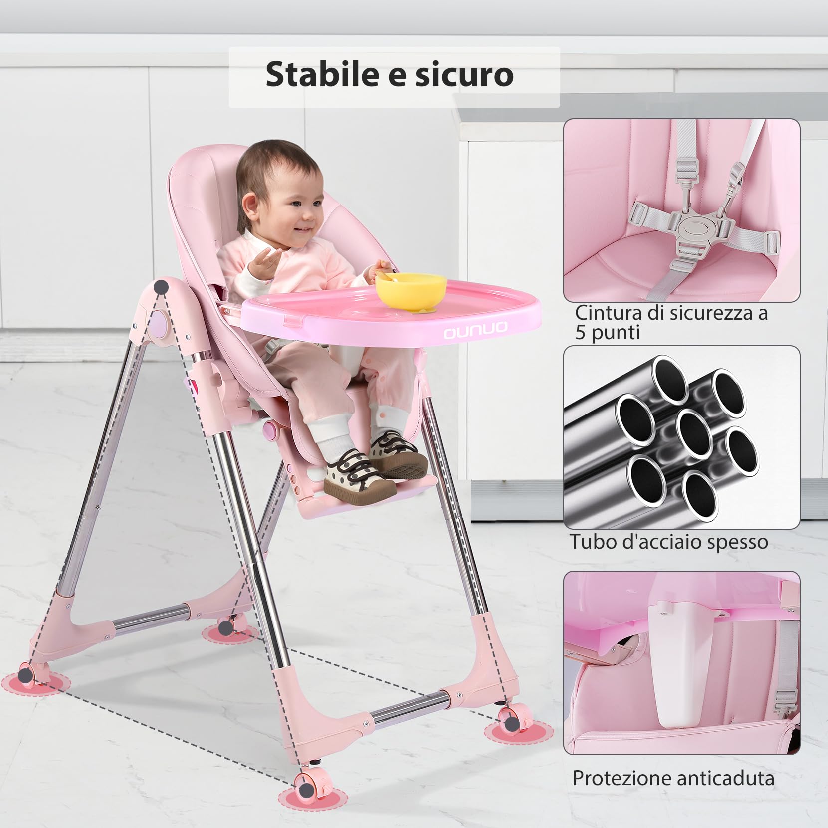 OUNUO Seggiolone Pappa, Seggiolino da Tavolo Pieghevole, Seggioline per bambini da 6 Mesi fino a 6 anni, Piatto da Cena Smontabile, Pedale e Schienale Regolabili in Altezza (Rosa)