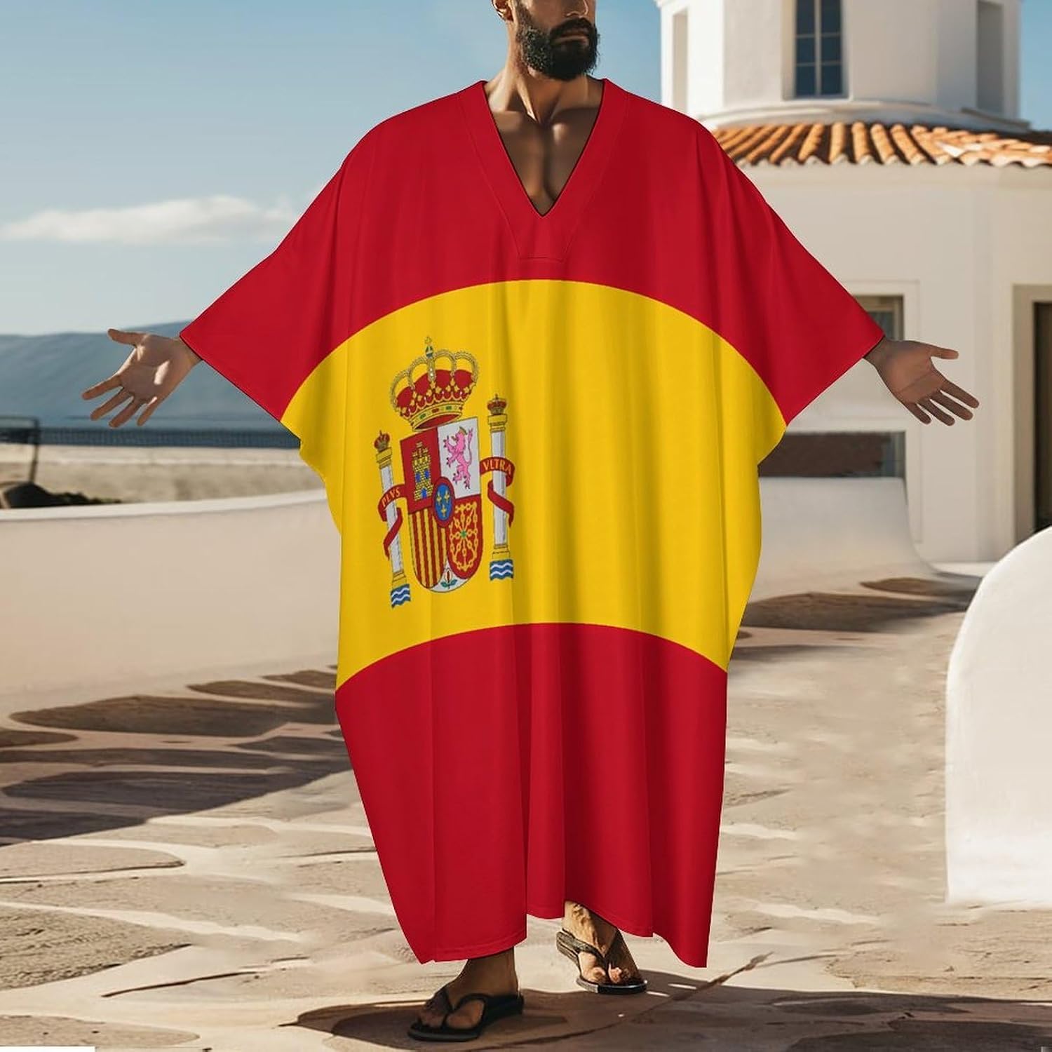 Spain Flag Men's Kaftan Thobe V-Neck Long Gown Loose Robe