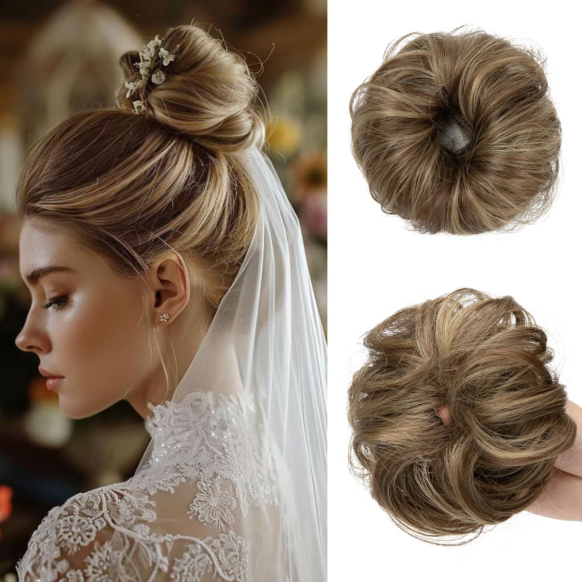 Photo 1 of CJL HAIR 2PCs Small Cute Messy Bun Hair Piece for Thin Hair Women Mini Synthetic Curly Bun Scrunchies Updo Hairpieces Brunette/Ash Blonde