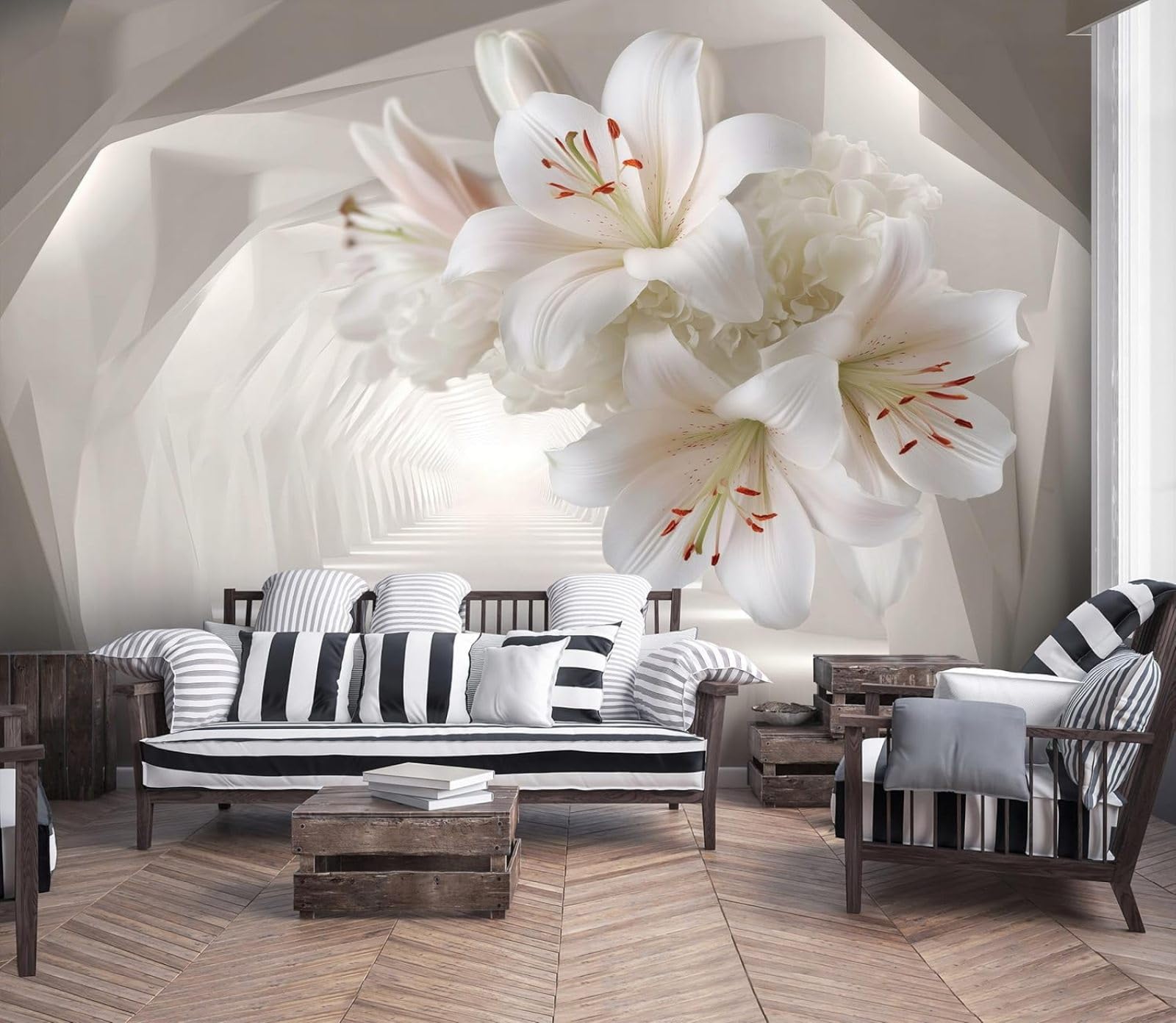 Kfjhgbdshhj 3D Mural Photo Mural-Wallpaper Lilies - For Living Room Bedroom - 3D Effect- White Modern Beige Tunnel,430Cmx300cm Poster - Wall Sticker - Frameless Picture