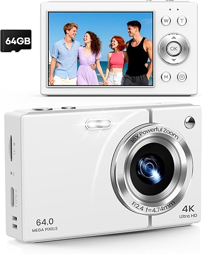 Cámara digital, cámara de vlogging 4K con enfoque automático, 64 MP, zoom de 16X, tarjeta de 64 GB incluida, batería incorporada, cámara digital