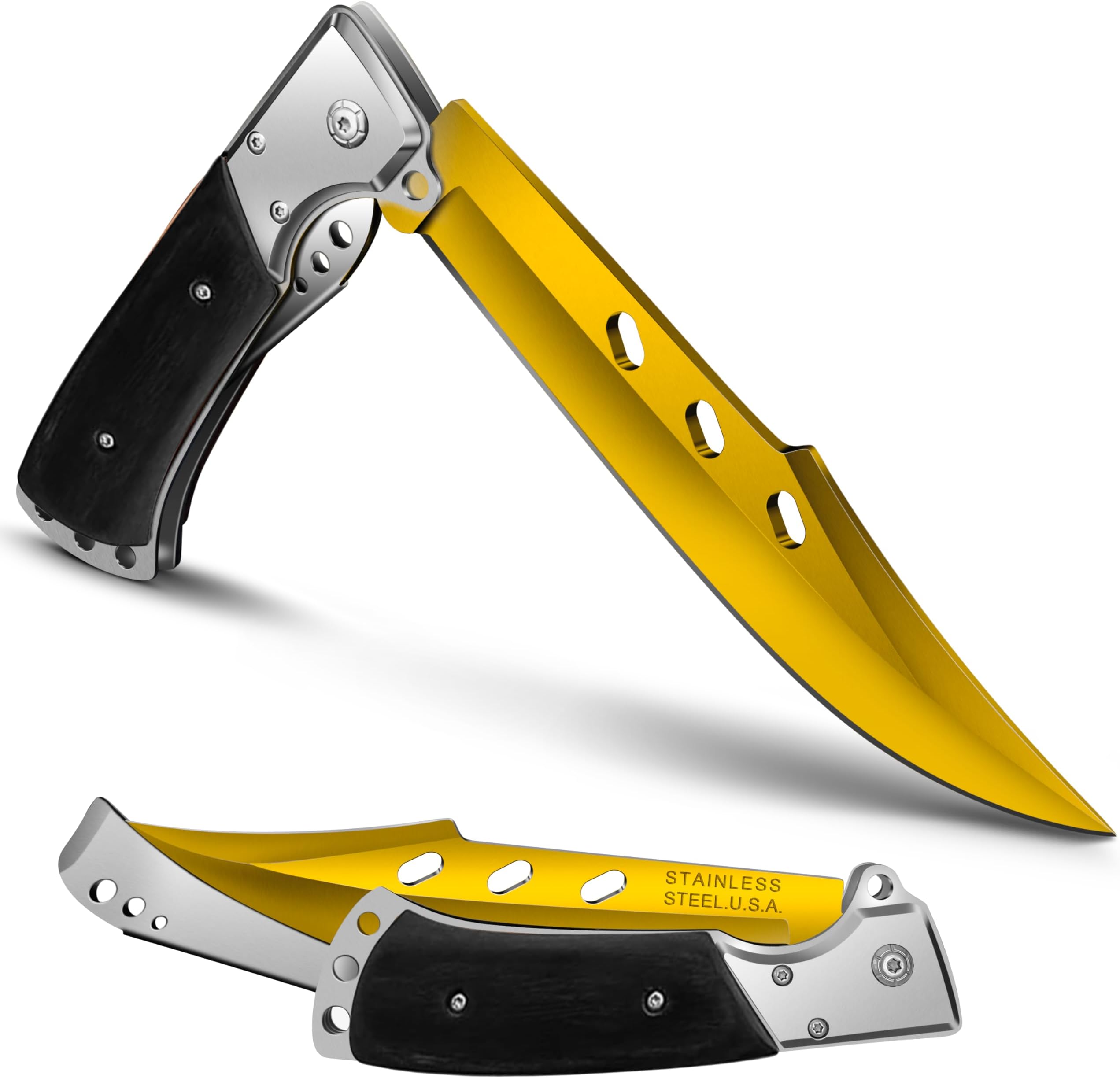 MADSABRE 12.7" Large Folding Knife Tactical Knives with Rosewood Handle and Sheath - 7.2" Long Blade Big Pocket Knife for Men for EDC Survival Hunting Camping Hiking Tools (Gold)