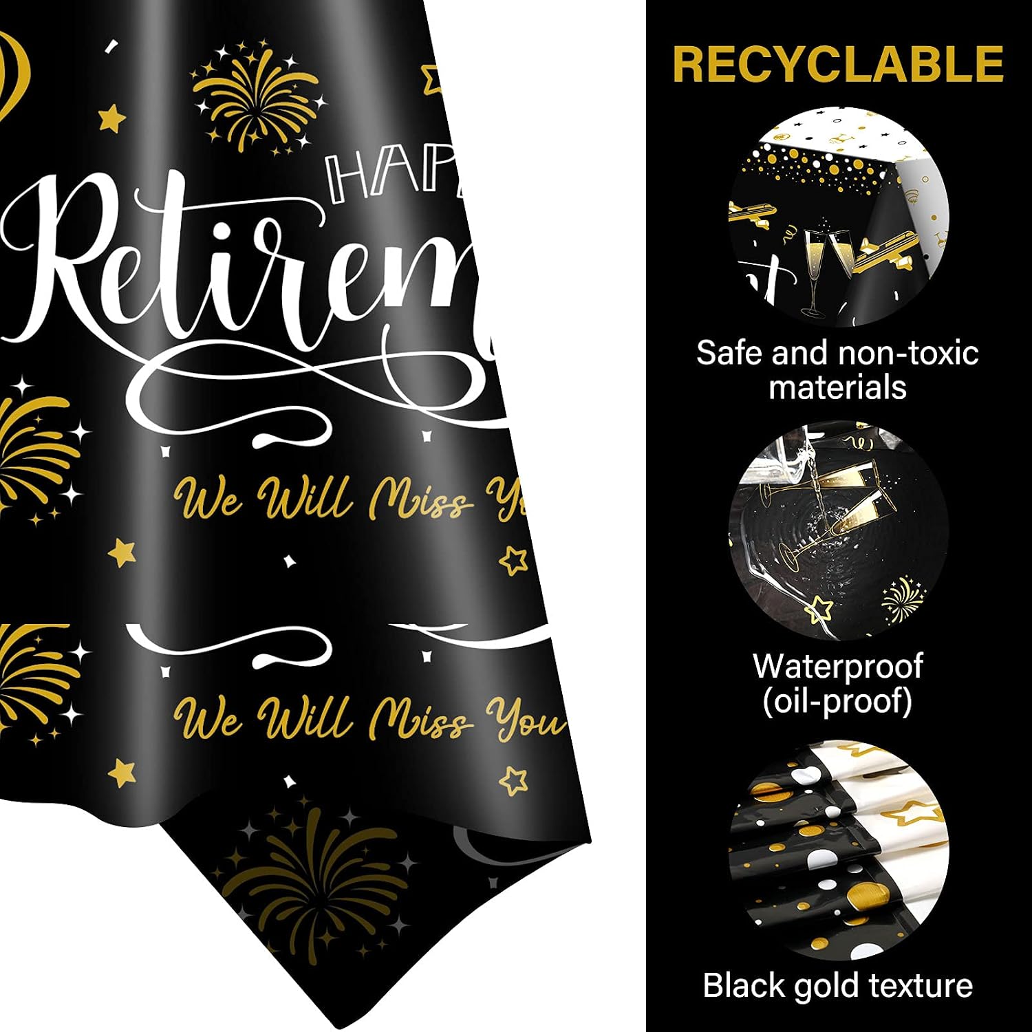4 Pieces Black and Gold Happy Retirement Tablecloth Disposable Plastic Retirement Table Cover Rectangle Tablecloth for Retirement Party Favor Supplies Decorations, 54 x 108 inch - Image 4
