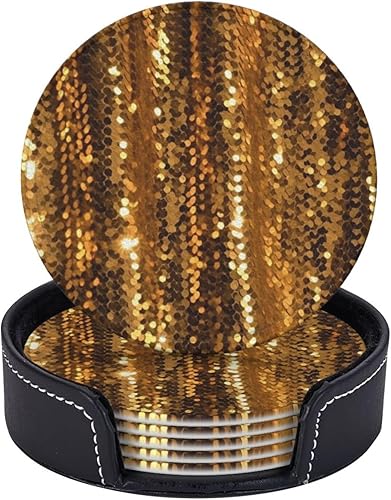 Juego de 6 posavasos de lentejuelas doradas con soporte, posavasos de cuero, protector de mesa para bar, decoración de tazas, almohadilla para mesa