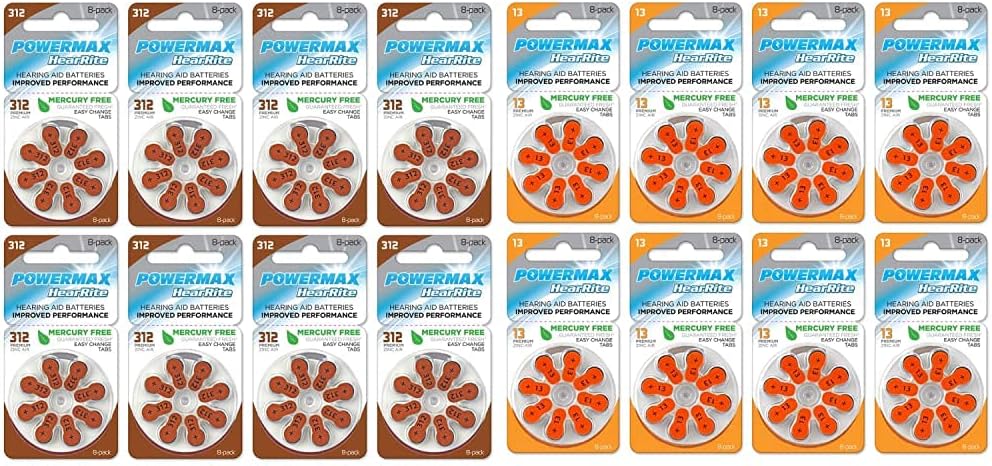 Powermax Size 312 Hearing Aid Batteries, Made in USA, Brown Tab, 64 Count & Size 13 Hearing Aid Batteries, Orange Tab, 64 Count