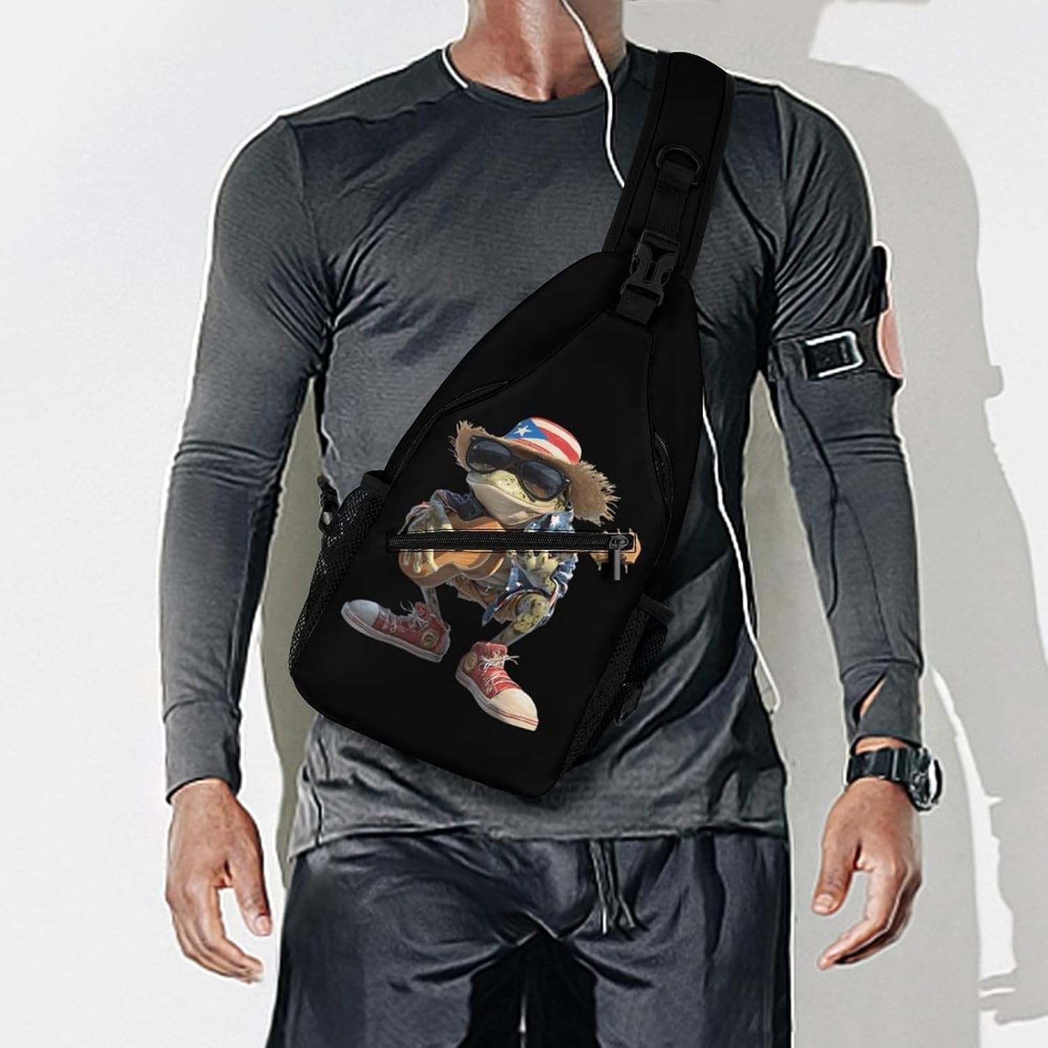 Puerto Flag Frog Guitar Men Crossbody Sling Backpack Chest Bag | Travel Fanny Pack,Hiking Daypack,Print Shoulder Bags