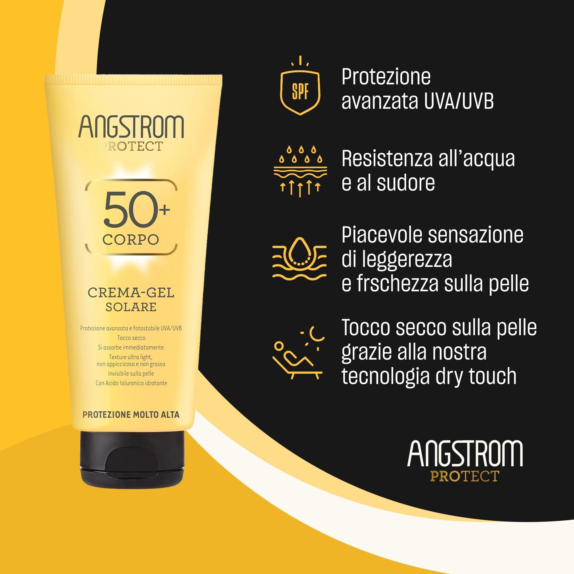 Angstrom Protect Crema-Gel Solare SPF 50+, Ultra light, Resistente all'acqua, Dermatologicamente testato, 200ml