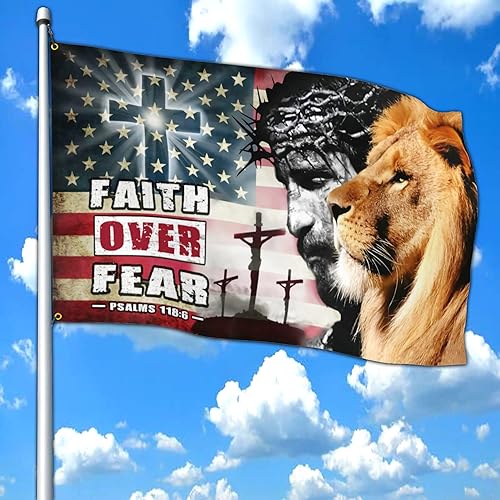Faith Over Fear Jesus Easter Flag 3x5 Ft Outdoor Christ Judas Cross Lion American Flag Christian Banner Double Sided Mirror Printing Polyester for