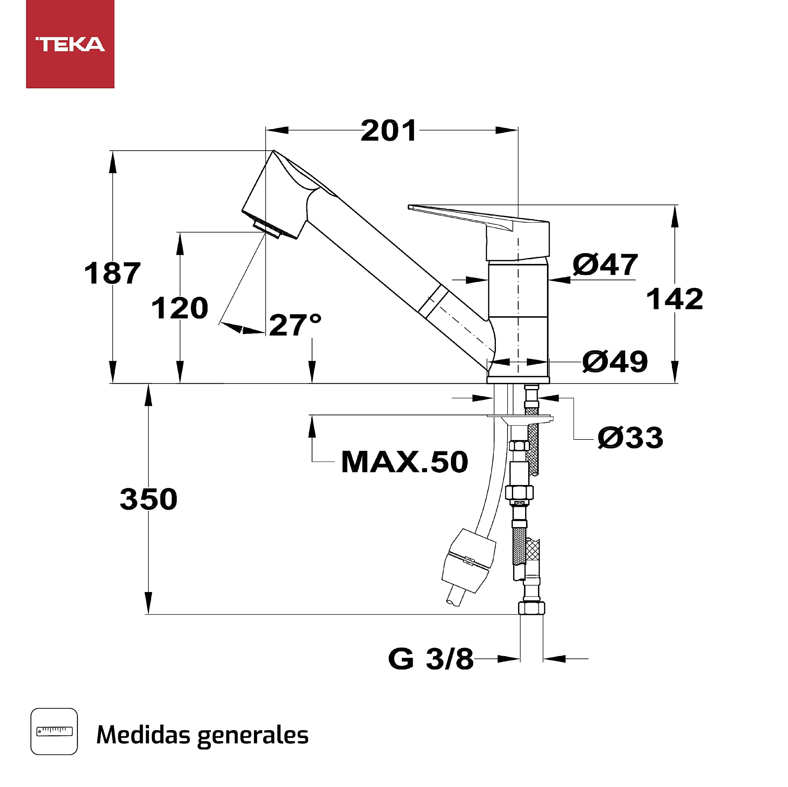 TEKA Grifo Cocina Monomando, Caño Bajo Giratorio, Maneral Extraíble 2 Funciones, Aireador Anticalcáreo, Latiguillos Flexibles de 3/8", MTP 978