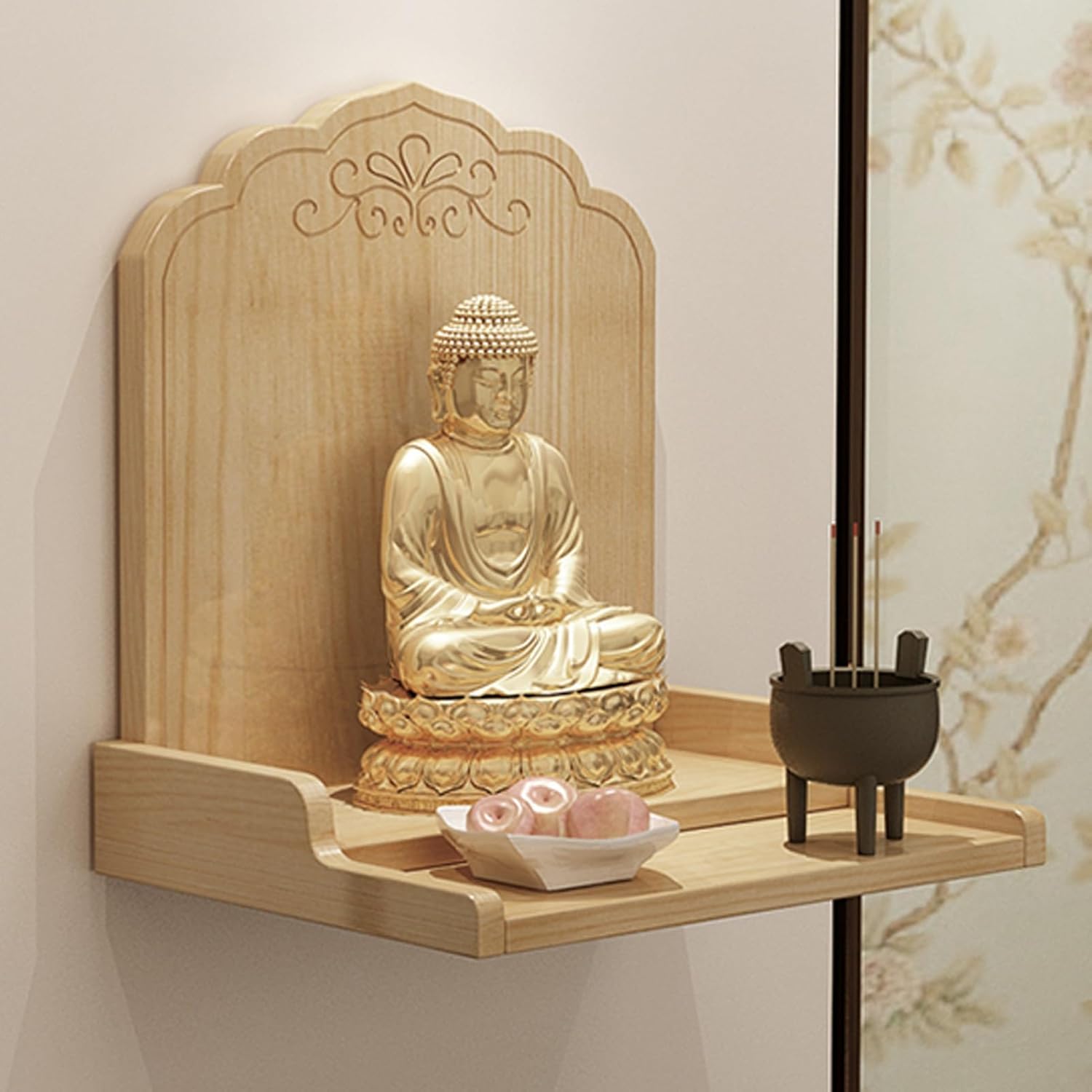 Wall-Mounted Shrine Altar Table, Bamboo Prayer Buddhist Niche, Chinese Shrine Altar Shelf, Buddha Platform with Storage, Meditation Altars Table for Small Spaces(Natural,14.1x11.8x11.8in)