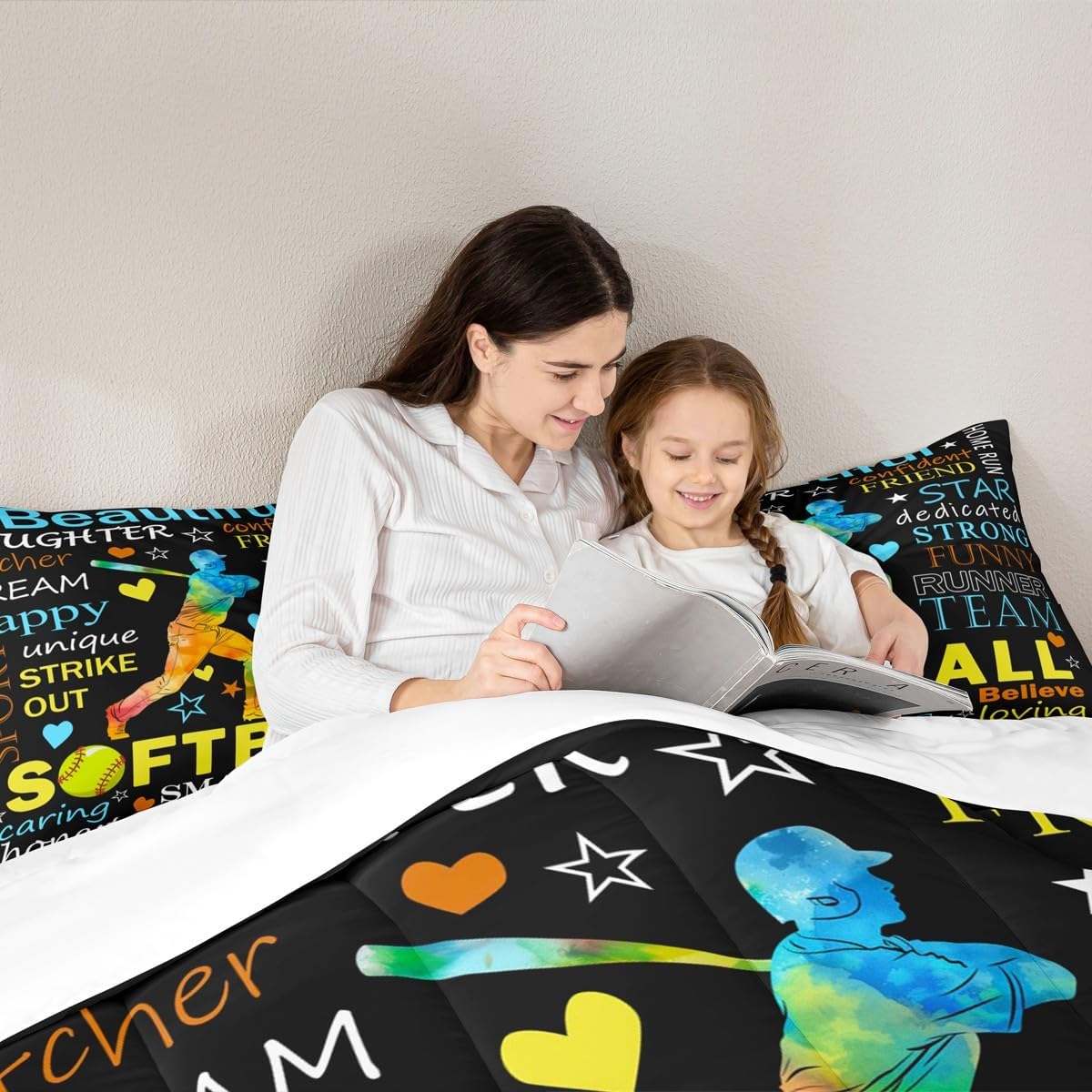 Softball Player Kids Comforter Set Twin Size,Ball Sports Games Modern Fashion Bedding Set,Boys Girls Adults Room Decor,Stars Love Heart Graffiti Down Comforter,Colorful Duvet Insert,1 Pillowcase