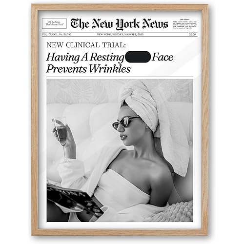 iHery Funny Having A Prevents Wrinkles Newspaper Framed Wall Art, Natural OAK Wood 12x16in Vintage Bathroom Wall Decor, Girly Funny Bedroom Canvas Wall Décor Living Room Artwork 1Pack
