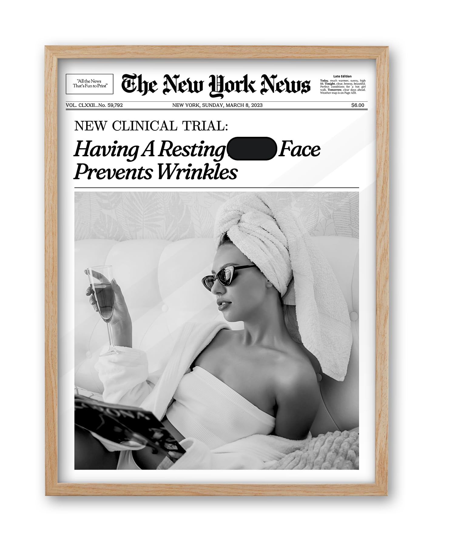 iHery Funny Having A Prevents Wrinkles Newspaper Framed Wall Art, Natural OAK Wood Trendy Large 16x20 in Vintage Canvas Wall Art Decor For Bedroom