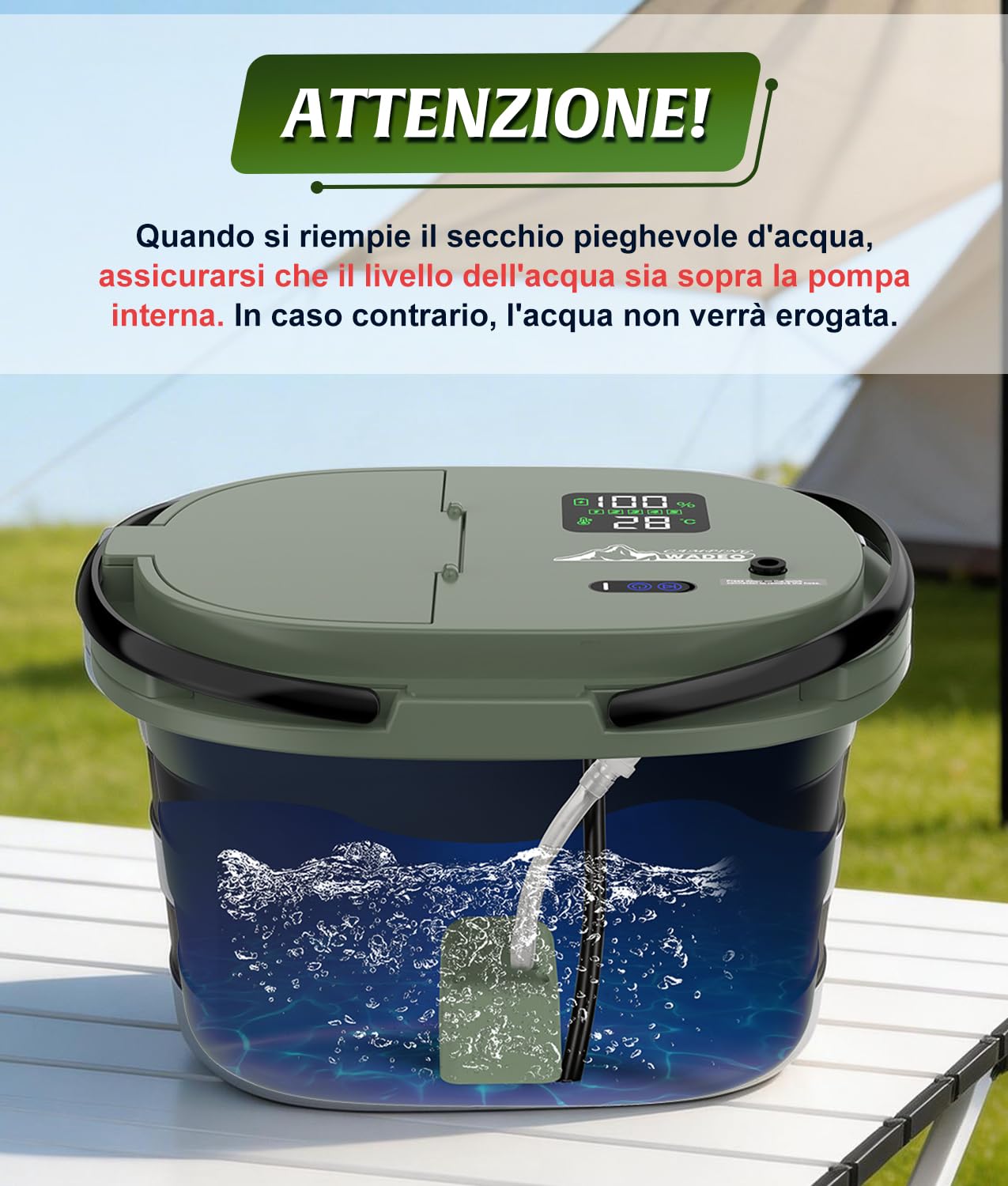WADEO 2026 Nuova Doccia Portatile, [Secchio Antiperdita e Pompa Integrati] [13000mAh], 5 velocità e 4 modalità di Getto, per Campeggio, Camper, Animali Domestici, Spiaggia, Giardino