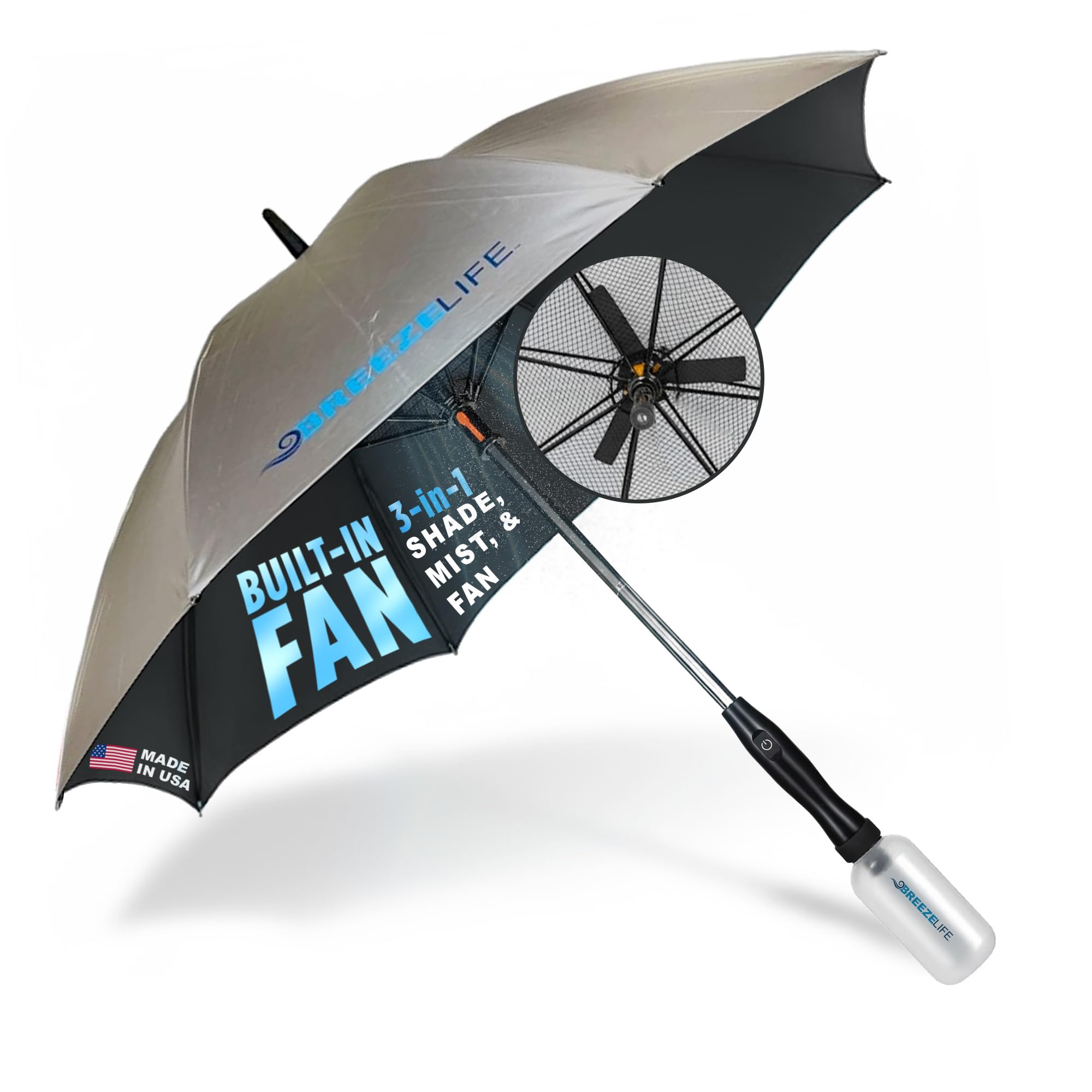 MISTERBREEZE Sun Umbrella with Fan and Mister. A portable misting fan that blocks 99.9% of all UVA and UVB rays. Cooling for festival, beach and summer activities.-image-27