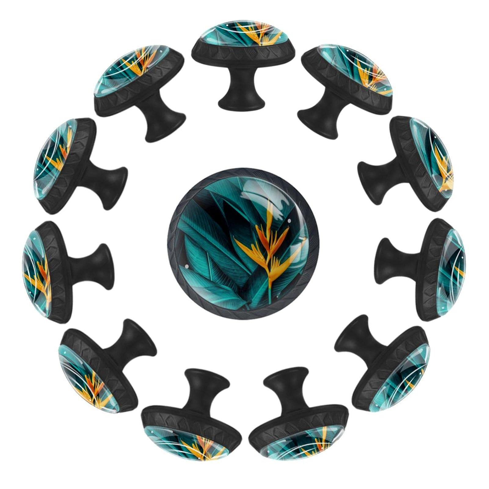 Boutons de tiroir motif floral jaune au design de feuilles tropicales pour relooking meuble