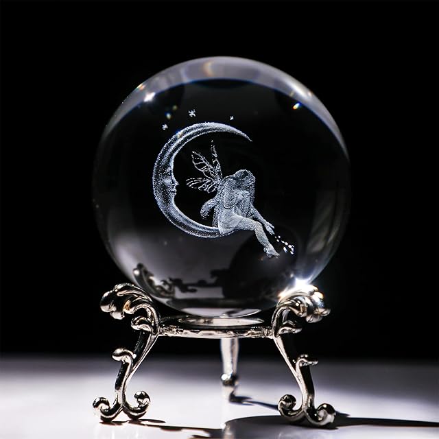 60mm(2.3inch) Moon & Fairy Crystal Ball Paperweight 3D Laser Engraved Quartz Glass Ball Sphere Table Decor Crafts