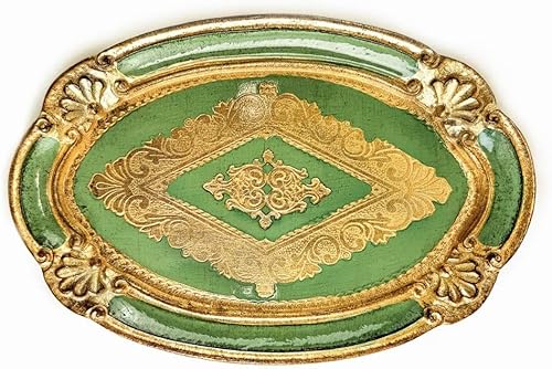 Bandeja ovalada pequeña de madera florentina tallada a mano, bandeja decorativa de 10 x 6.5 pulgadas para desayuno en la cama, dorado, decoración