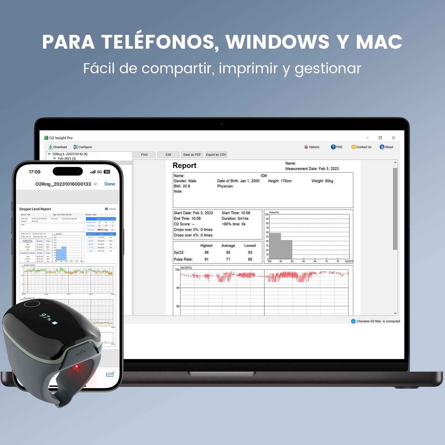 ViATOM O2ring Bluetooth oxímetro, oxímetro de pulso punta de los dedos para la monitorización continua durante la noche, oxímetro del sueño para medir SpO2 y la frecuencia cardíaca (verde)