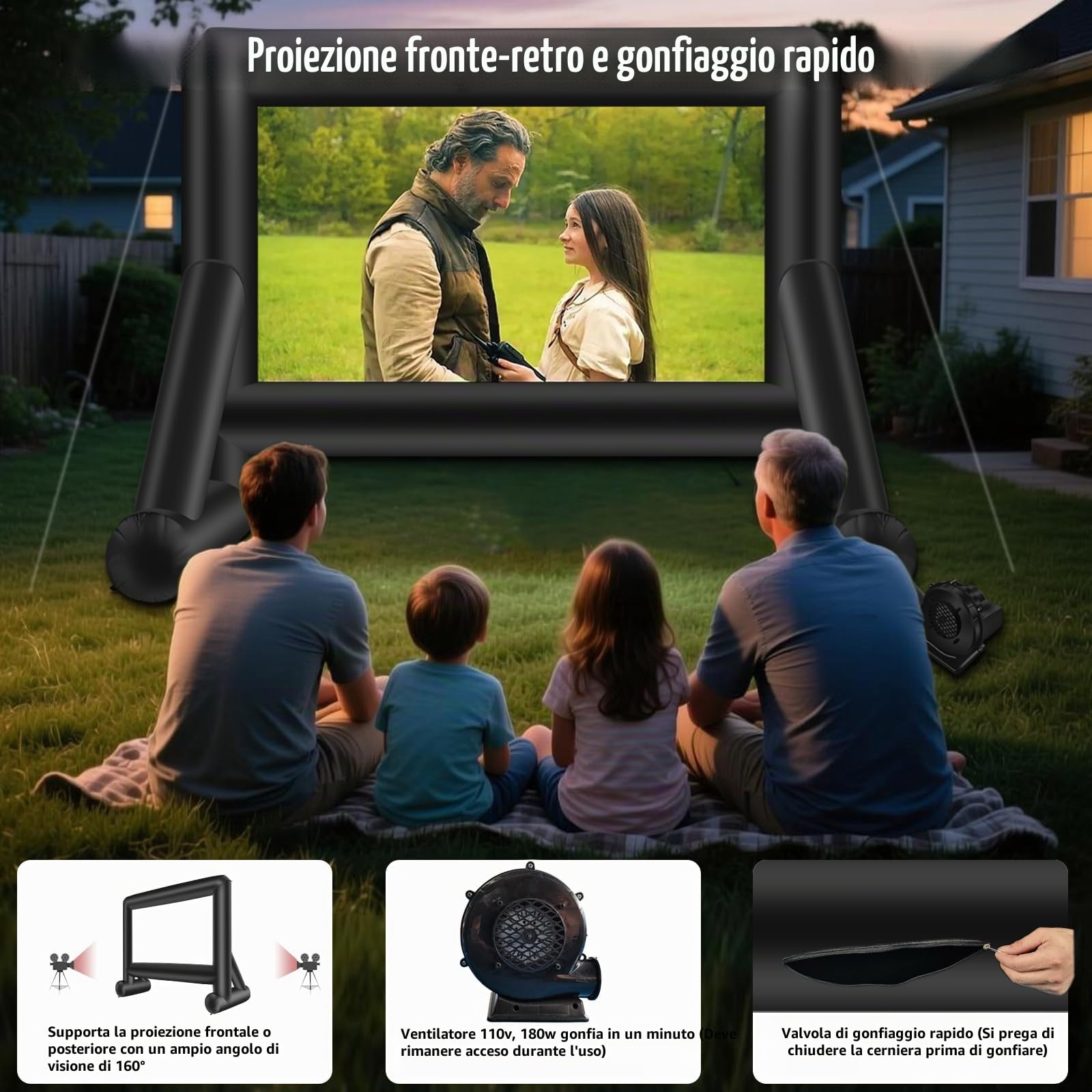 Schermo gonfiabile per proiezioni, per esterni, con borsa per il trasporto, schermo anteriore e posteriore per proiezione anteriore e posteriore, per feste in piscina o in giardino, cinema