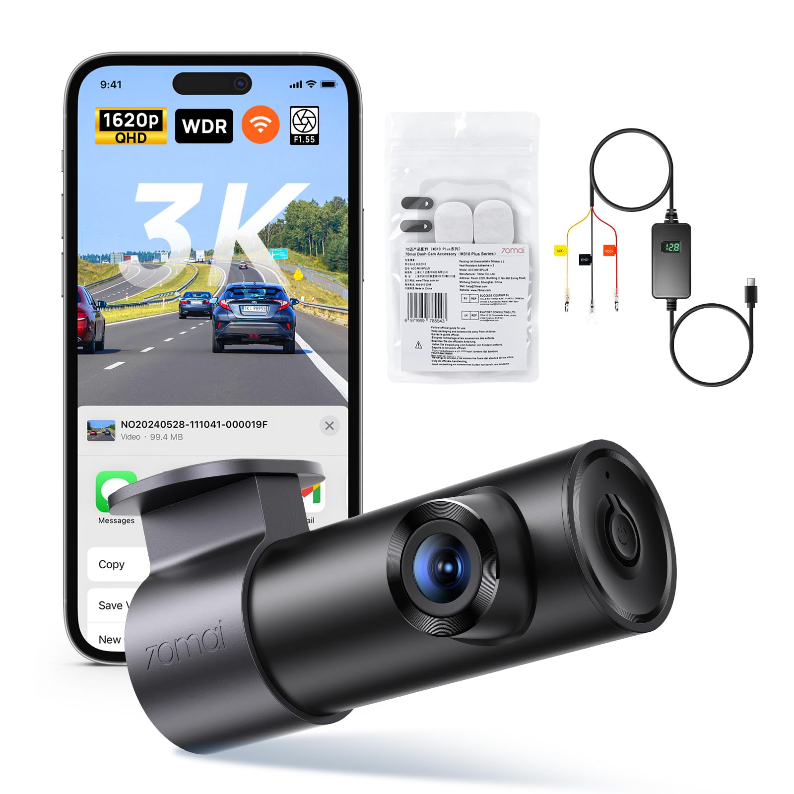 【70mai Dashcam M310 Plus 3K-UP06-ACC】 70mai M310 Plus 3K Mini Dash Cam für Autos, 1620P WDR WiFi Autokamera, Super Nachtsicht, 24-Stunden Parküberwachung mit App-Steuerung,