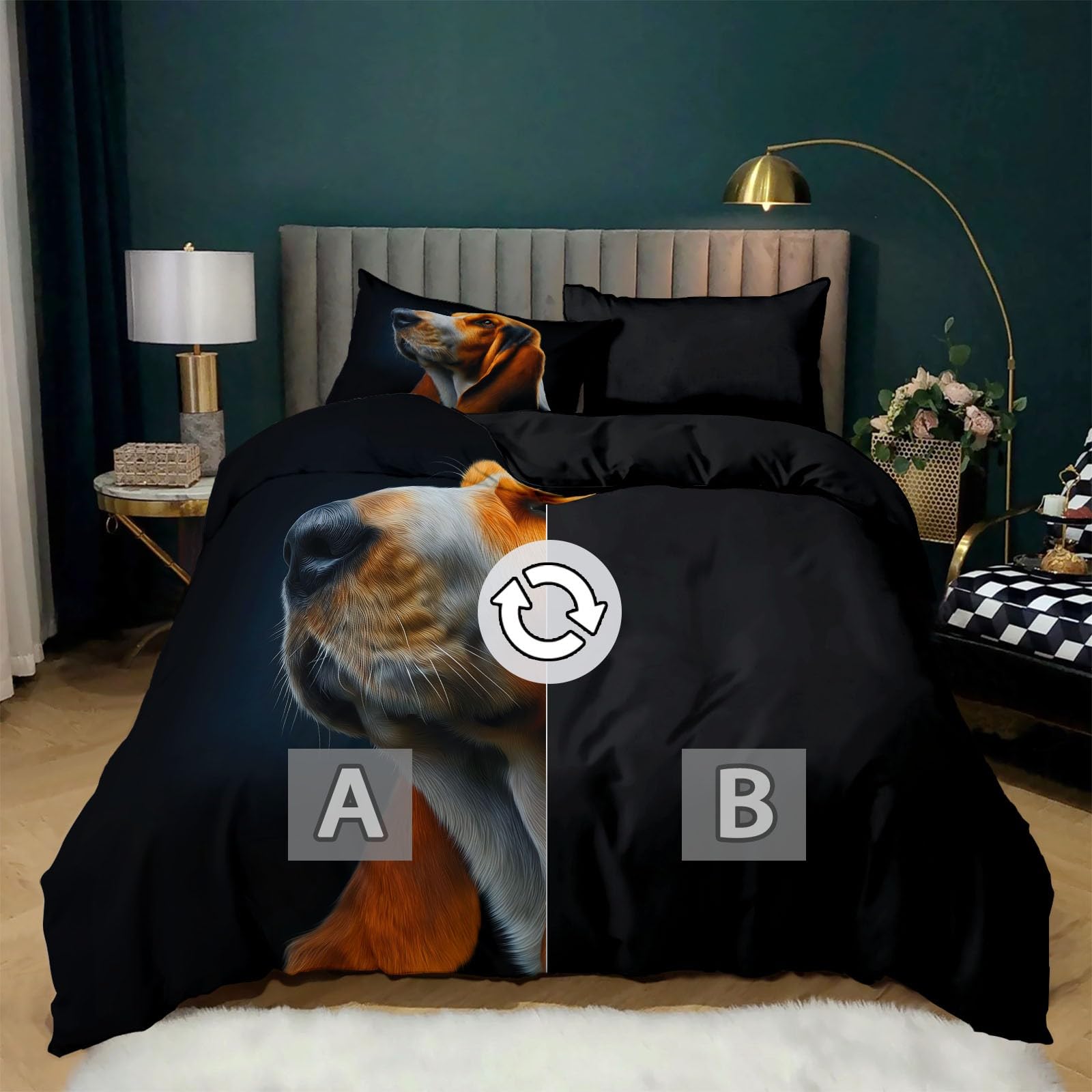 Czarna poszwa na kołdrę 240 x 220 z 2 poszewkami na poduszki 65 x 65 cm, surrealistyczny portret basset hound komplet pościeli dla dorosłych - 100% mikrofibra komplet pościeli dla 2 osób