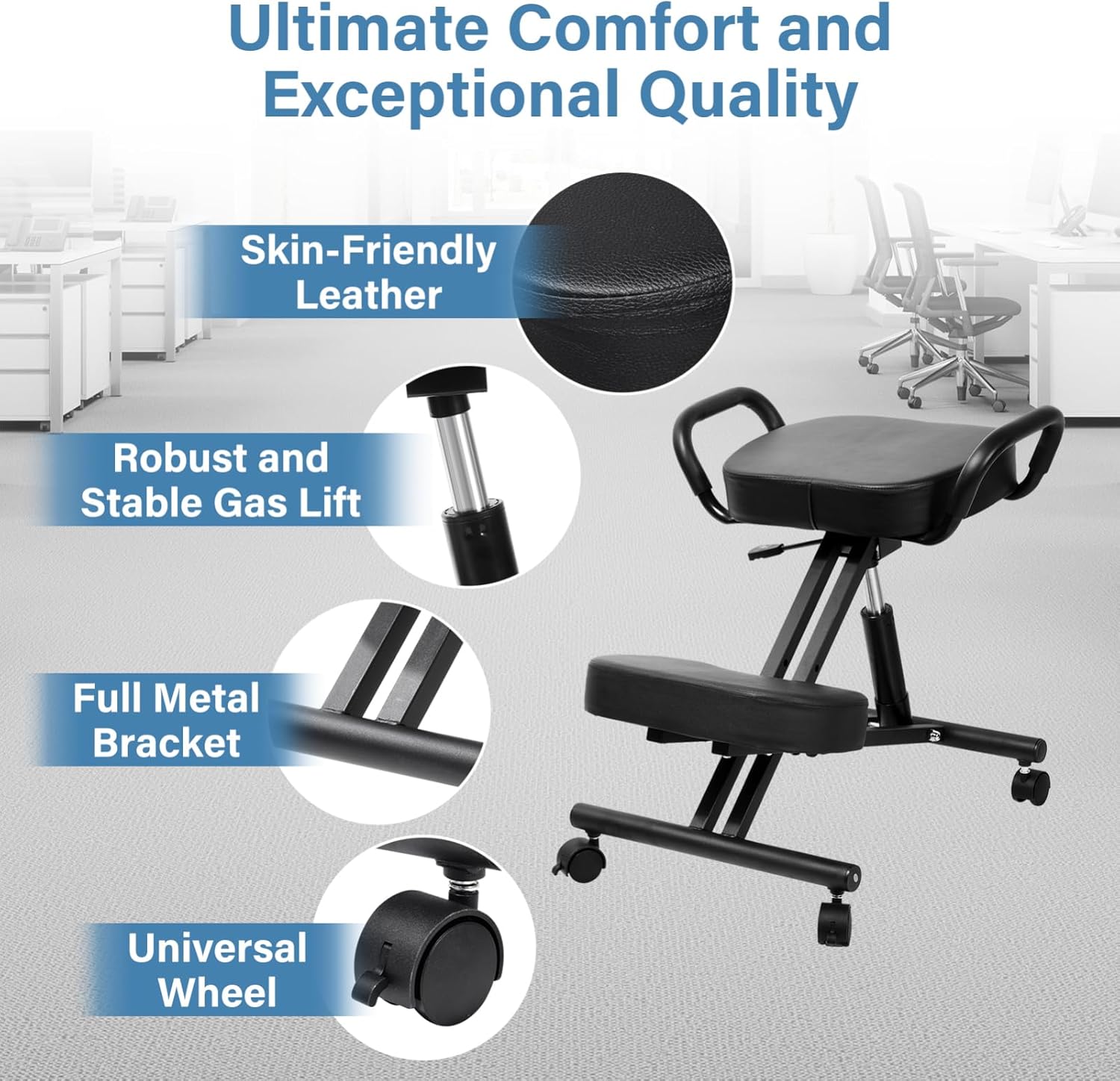 Kneeling Chair Ergonomic with Armrests Locking Casters 22.4"-26.3" Height-Adjustable Postures Seat 220 Lbs for Home Office Meditation Black