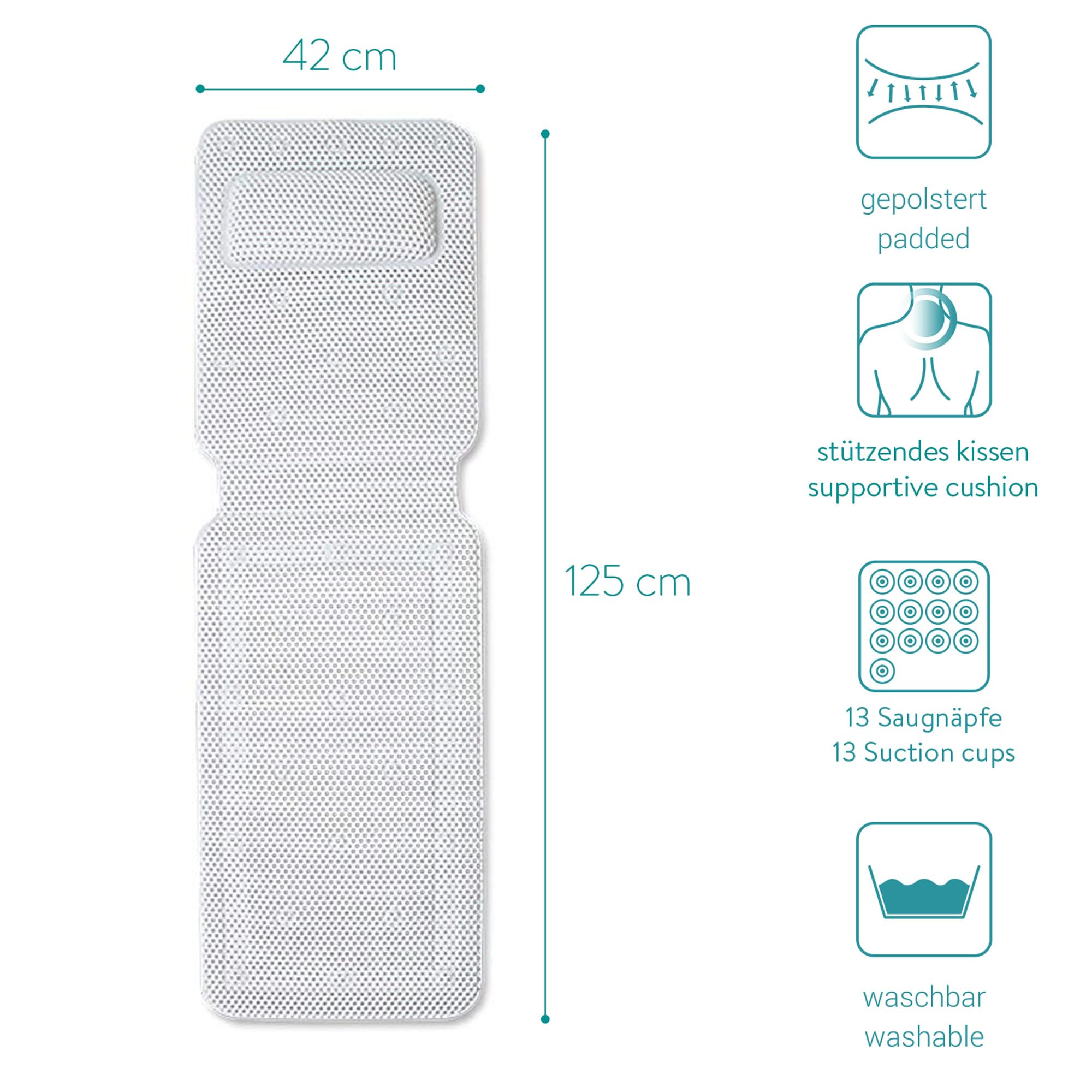Navaris Alfombra bañera para Todo el Cuerpo Antideslizante - Alfombrilla ergonómica Acolchada con reposacabezas y ventosas - 125 x 42 CM