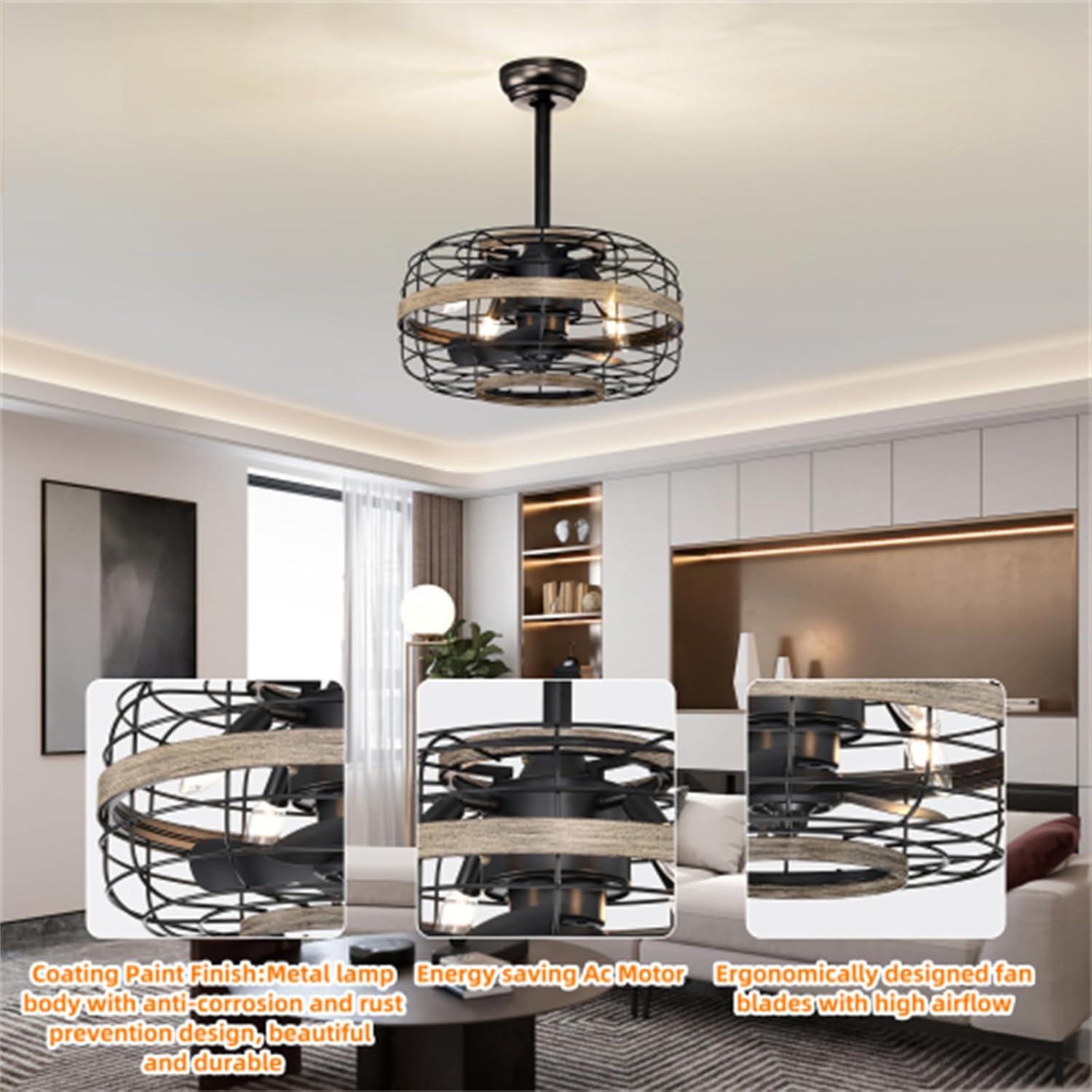 18-inch Farmhouse Ceiling Fan Light, Cage Ceiling Fan with Remote Control (3-Speed ​​Adjustable), Wooden Rustic Enclosed Reversible Ceiling Fan, Lighting and Blowing All-in-One, Bedroom, Living Room