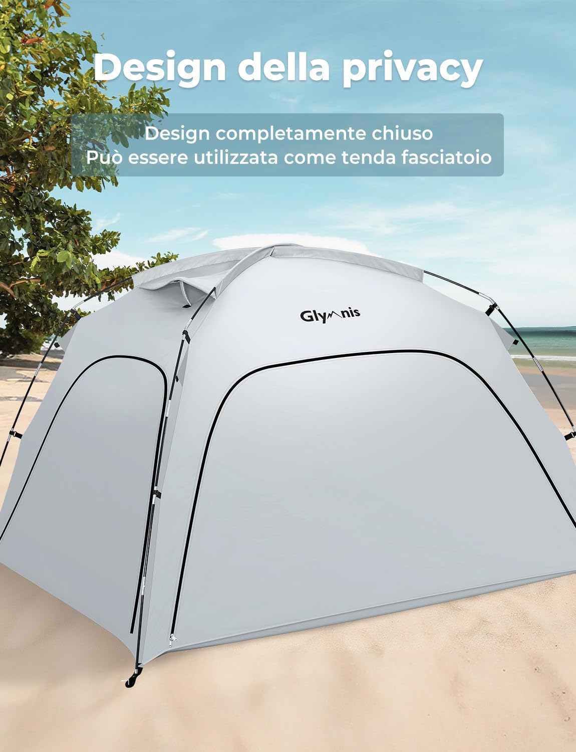 Glymnis Tenda da Spiaggia Grande Adatta a 3-4 Persone, Tenda da Spiaggia Portatile con Cerniera, Leggera Tenda Sole Spiaggia con Dimensioni di 220 x 180 x 125 cm, Facile da Montare, UPF 50+