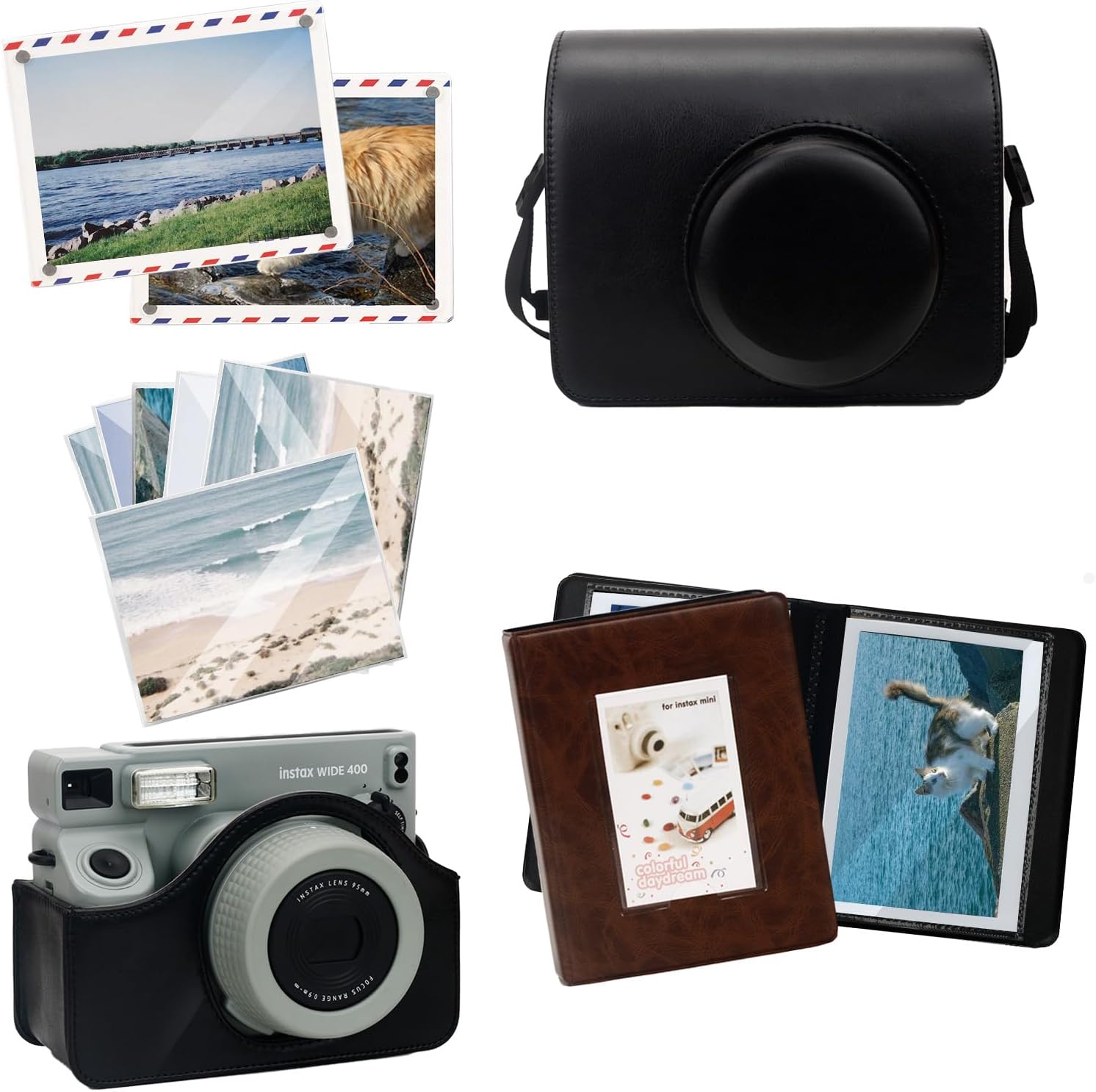 Camera Case Fit for Fujifilm Instax Wide 400, PU Leather Protective Case with Adjustable Shoulder Strap, Small Photo Ablum, 5 Inch Magnetic Photo Frame and Card Sleeve