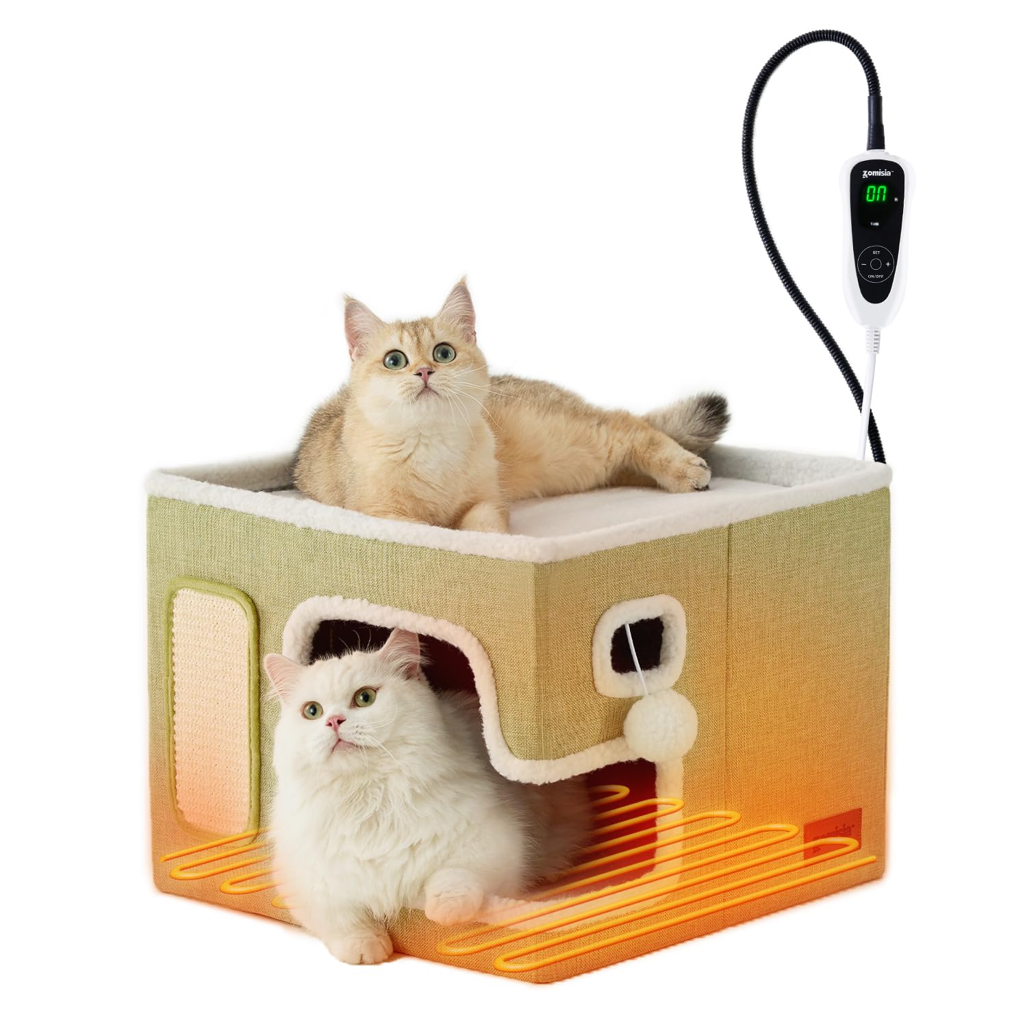 ZOMISIA Heated Cat House Indoor, Cat Cave Bed with Heating Pad, Green