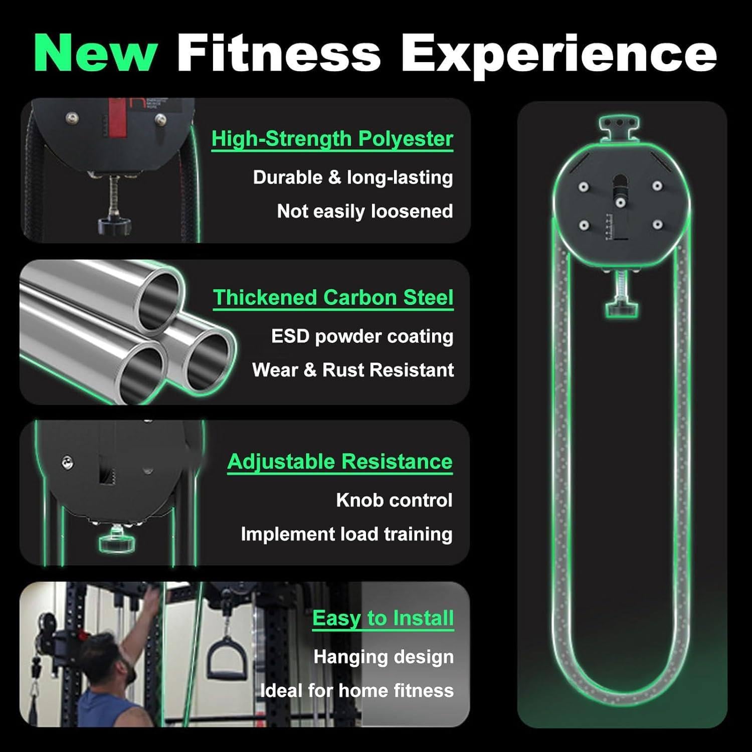 Sist-ema De Poleas Para Gimnasio En Casa, 4 M Cuerda Sin Fin Con Resistencia Ajustable Para Entrenamiento De Cuerpo Completo, Equipo Compacto Para Brazos, Espalda Y Entrenamiento Del Core Black