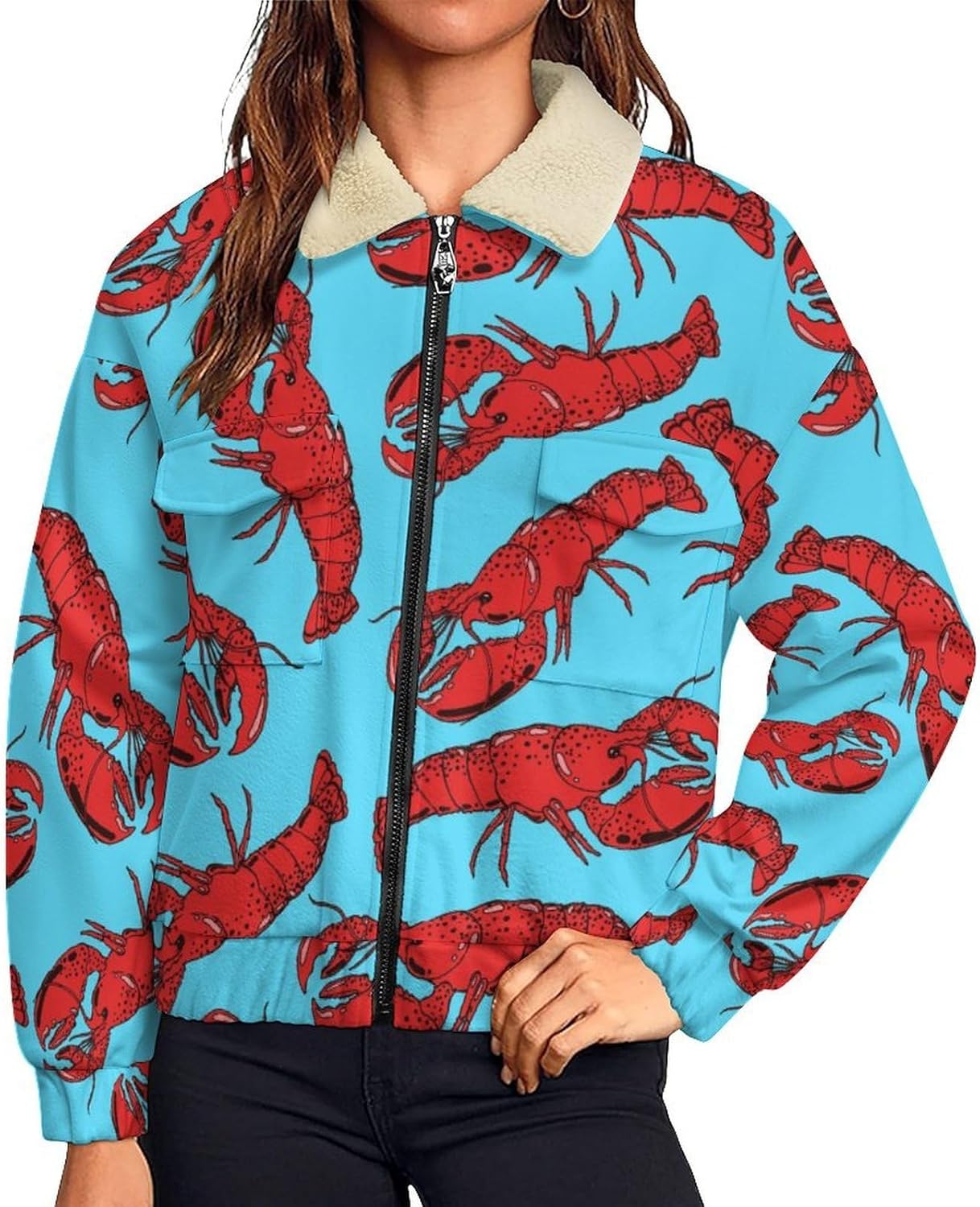 Cute Cartoon Red Crayfish Lobsters Jackets Womans Zip Sweatshirt Long Sleeve Warm Hiking Jackets Causal Pockets Top
