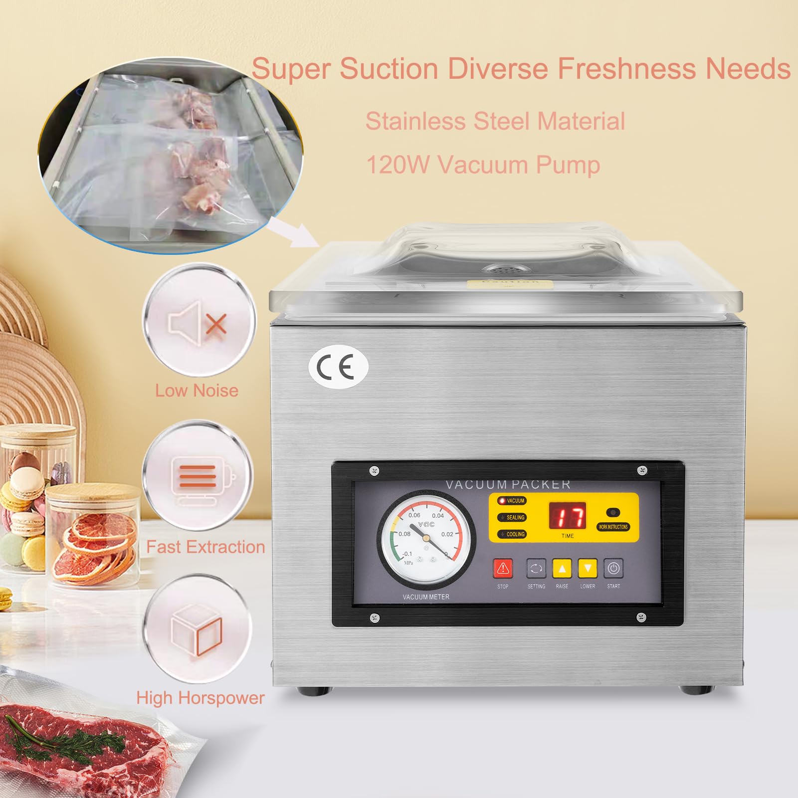 Envasadora al vacío 120W Sellador al Vacío de acero inoxidable Máquina Selladora de Cámara 30x25cm de Máx. Tamaño de Sellado, Hogar, Supermercado
