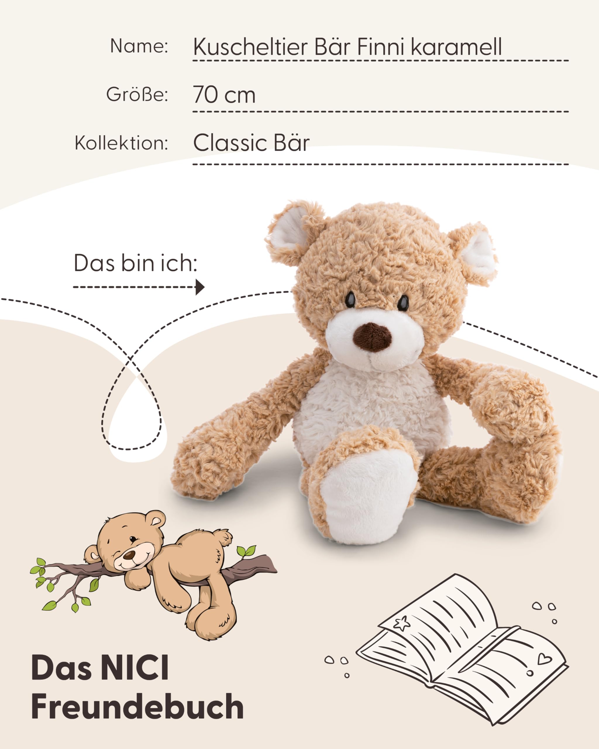 NICI Kuscheltier Bär Finni 70cm - karamell - 62966 | Stofftier aus weichem Plüsch, niedliches Plüschtier zum Kuscheln und Spielen, für Kinder & Erwachsene, tolle Geschenkidee