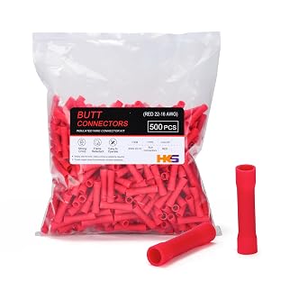 HKS 500 PCS Vinyl Insulated Butt Connector Red 22-16 AWG - Electrical Connectors - Tinned Red Copper 0.7mm - Automotive Crimp Insulated